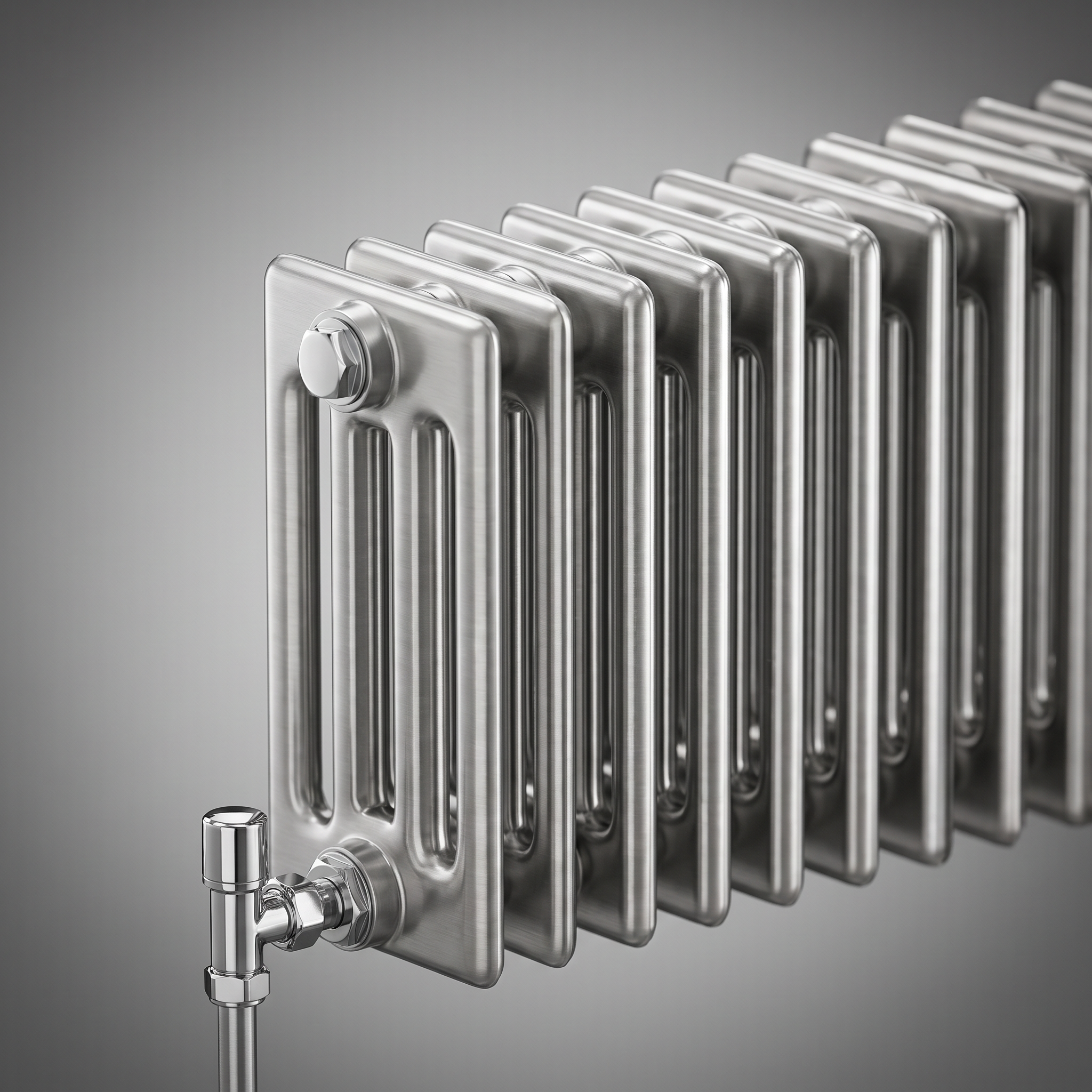 AI Design for Professional studio product photography of a {{product:Radiators}}, captured with crisp industrial lighting against a clean, neutral gradient background. Focus on the intricate metallic textures, polished steel surfaces, and precision engineering details, utilizing a shallow depth of field to emphasize the structural complexity. High-resolution, sharp focus, commercial aesthetic suitable for a technical catalog or website hero banner.