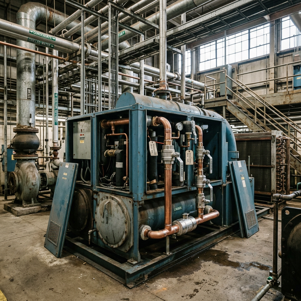 AI Design for An authentic documentary-style industrial engineering photograph capturing a large thermal system installation inside an operating mechanical facility, featuring a massive industrial chiller with service panels open to reveal exposed components, newly integrated upgrade piping, and modern valves contrasting naturally with older equipment. The background showcases a genuine working plant environment with concrete flooring, overhead pipe racks, cable trays, and subtle industrial wear. Natural ambient lighting streams through the facility, highlighting tactile textures of weathered painted metal, insulated copper piping, and steel supports with an understated, professional corporate composition. no human face should aprear
