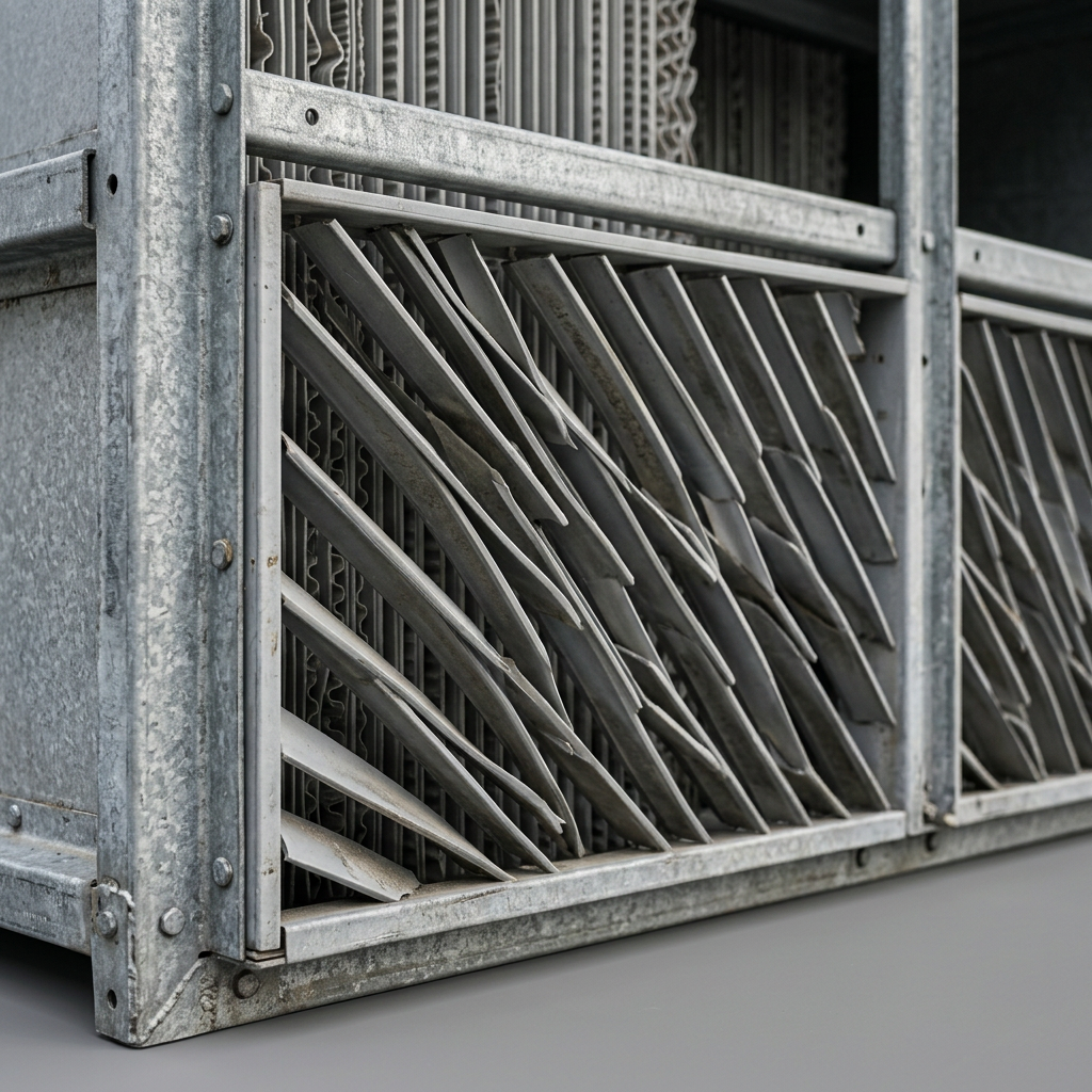 AI Design for Close three-quarter view of the air-inlet face of a crossflow cooling tower
on a plain grey studio ground, showing the angled PVC inlet louvre blades and,
visible through the gaps behind them, the vertical PVC fill pack. Shallow depth
of field, galvanised steel frame edge in shot.