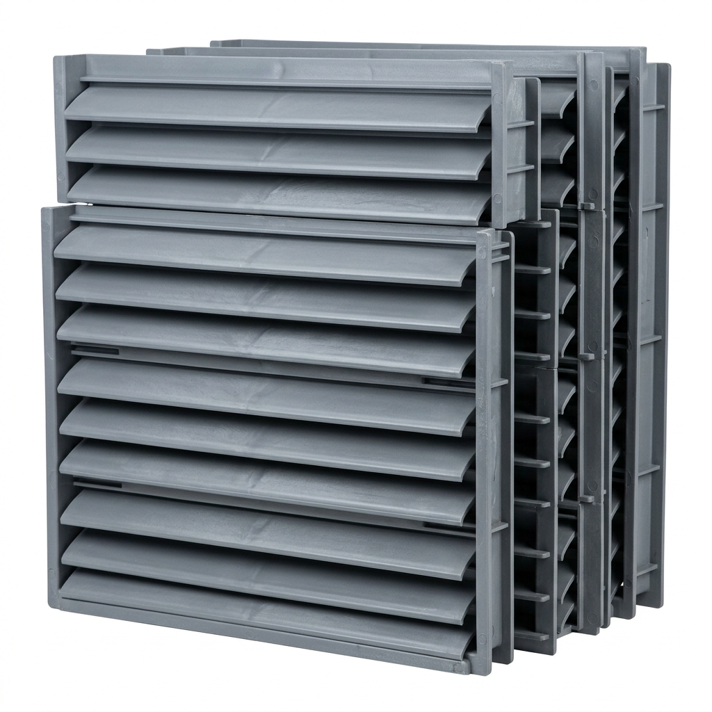 AI Design for Cut-outs need this instead of a ground: isolated on a pure white background, no shadow, no scene, no surface.

 A stack of four cooling tower air inlet louvre panels laid one on another
    with their edges slightly offset so the blade profile is visible.