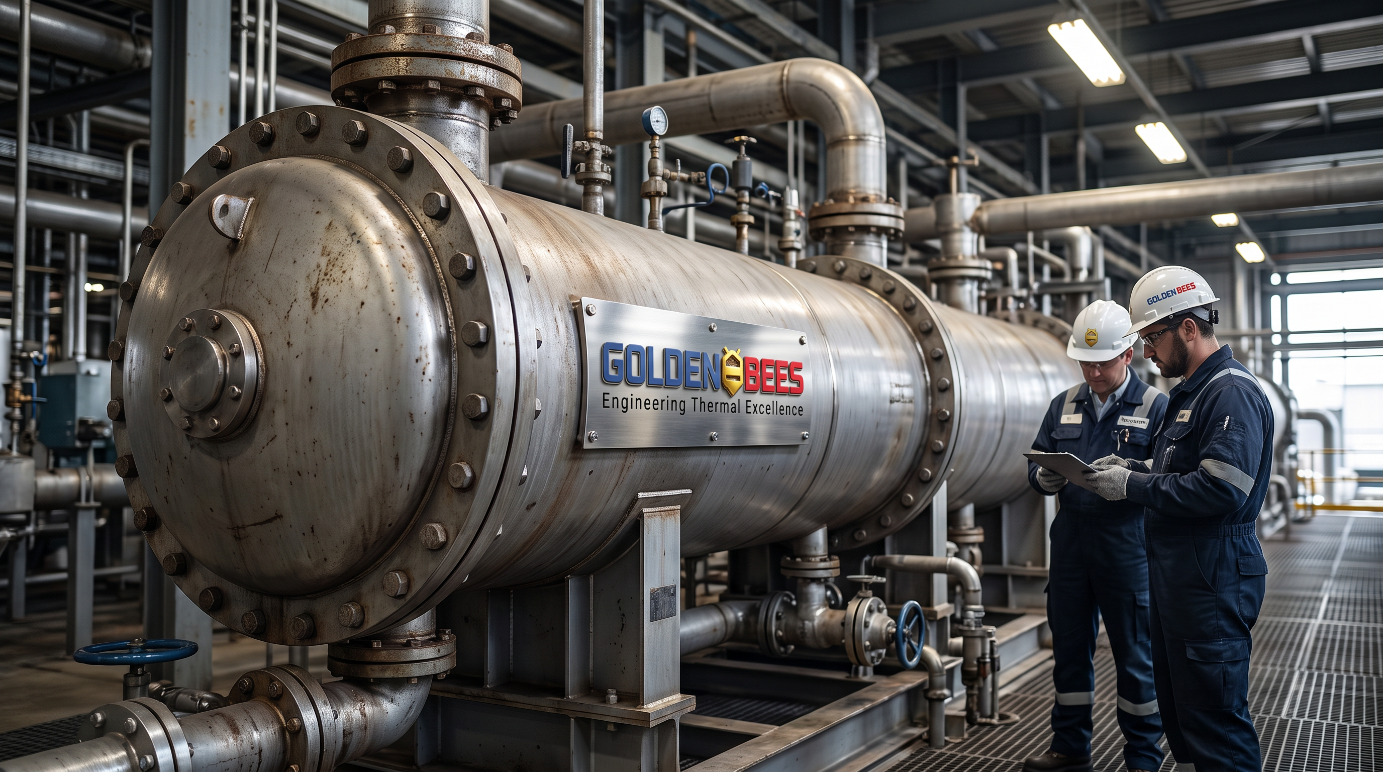 AI Design for Create a photorealistic premium industrial photograph for a corporate website service tile representing **Shell & Tube Heat Exchanger**.

Show a large industrial shell-and-tube heat exchanger installed inside a real heavy industrial process facility, with realistic metal construction, connected piping, valves, flanges and structural supports. Include subtle engineers/technicians inspecting the equipment in the background to communicate real engineering and field expertise.

Composition: cinematic 3/4 perspective, equipment as the clear visual focal point, realistic industrial depth, clean negative space suitable for website overlay text, sophisticated commercial photography.

**Use the attached Golden Bees / GBGCC logo for branding.** Integrate the attached logo naturally and accurately on the equipment, engineer PPE, safety signage, or another realistic surface. Preserve the exact logo design, proportions and colors. Do not redesign, distort, repeat excessively, or create a different logo.

Lighting should feel like an authentic high-end industrial photograph: realistic metal reflections, natural shadows, controlled contrast, atmospheric industrial environment, physically accurate materials and proportions.

No futuristic machinery, exaggerated glow, fantasy environment, floating components, excessive lens effects, artificial CGI appearance, generic stock-photo look, or visible AI artifacts.

**Ultra-photorealistic documentary industrial photography, technically authentic, premium engineering company aesthetic, highly detailed, natural imperfections, realistic textures, real-camera look.**