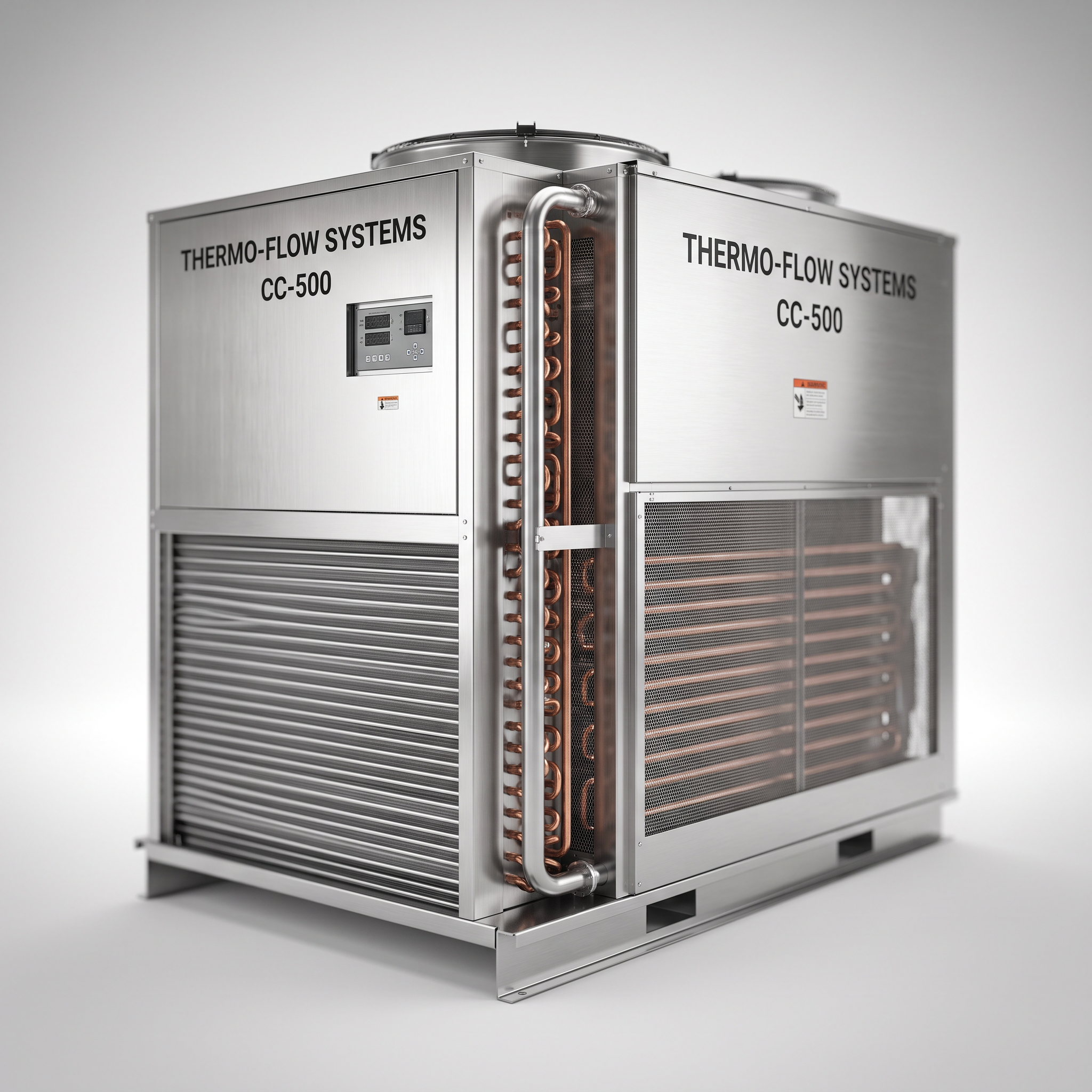 AI Design for Professional studio product photography of a {{product:Closed-Circuit Cooling Towers}}, captured with crisp industrial lighting against a clean, neutral gradient background. Focus on the intricate metallic textures, polished steel surfaces, and precision engineering details, utilizing a shallow depth of field to emphasize the structural complexity. High-resolution, sharp focus, commercial aesthetic suitable for a technical catalog or website hero banner.
