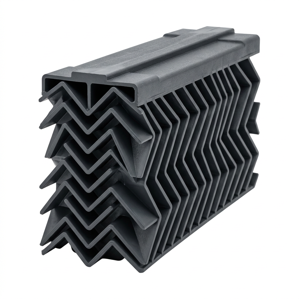 AI Design for Cut-outs need this instead of a ground: isolated on a pure white background, no shadow, no scene, no surface.

A single moulded PVC drift eliminator block, angled three-quarter view,
    showing the sharp zig-zag chevron blade profile end-on. Dark grey PVC.