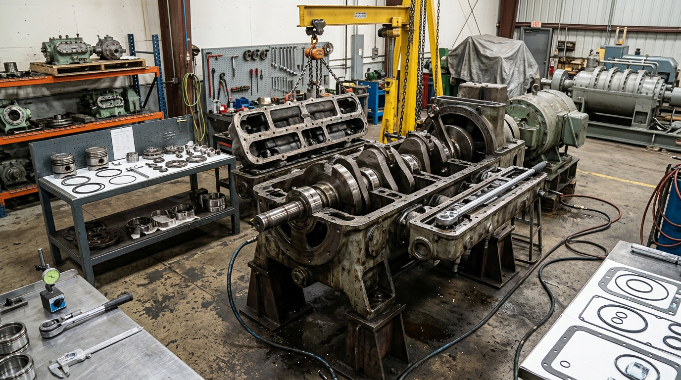AI Design for Create a highly photorealistic **documentary-style industrial engineering photograph** showing a real compressor overhaul facility during professional maintenance work. Clearly show a large industrial **compressor assembly** with its housing opened for inspection, accurately exposed internal components, crankshaft or rotor assembly, bearings, seals, valves and other serviceable components arranged naturally around the equipment. Include realistic inspection and rebuilding details such as precision measuring instruments, removed components on organized work surfaces, replacement gaskets and seals, torque tools, cleaning equipment and correctly positioned maintenance fixtures. Where appropriate, show separate visual cues for reciprocating, screw or centrifugal compressor technology without combining incompatible components into one machine.
The facility should look like a genuine working industrial workshop with realistic site conditions: concrete or metal flooring, overhead lifting equipment, maintenance stands, oil stains, minor grease marks, dust, used but organized tools, component storage racks, partially disassembled equipment, protective covers and subtle signs of ongoing mechanical maintenance. Keep the workspace professionally managed rather than artificially clean or chaotic.
Show the compressor in a believable **inspection → rebuilding → component replacement → recommissioning** stage, with realistic gauges, alignment tools, test instruments and service connections positioned where technically appropriate. Authentic steel, cast-metal, machined-metal, rubber and gasket textures with natural wear, scratches, discoloration and machining marks. Natural workshop lighting, realistic shadows and reflections, true industrial scale, documentary photography, physically plausible mechanical construction and understated premium composition suitable for a corporate engineering service webpage.
**Strict requirements:** no humans, no workers, no mannequins, no text, no logos, no brand names, no readable labels, no futuristic machinery, no impossible mechanical assemblies, no floating components, no perfectly clean showroom environment, no excessive cinematic effects, no artificial symmetry, no glossy CGI appearance, no 3D-rendered look. Do not show incompatible compressor technologies merged into a single machine.
The final image must look like an **authentic photograph taken inside a professional compressor overhaul and testing workshop**, with technically accurate equipment, realistic maintenance procedures and genuine industrial site conditions.