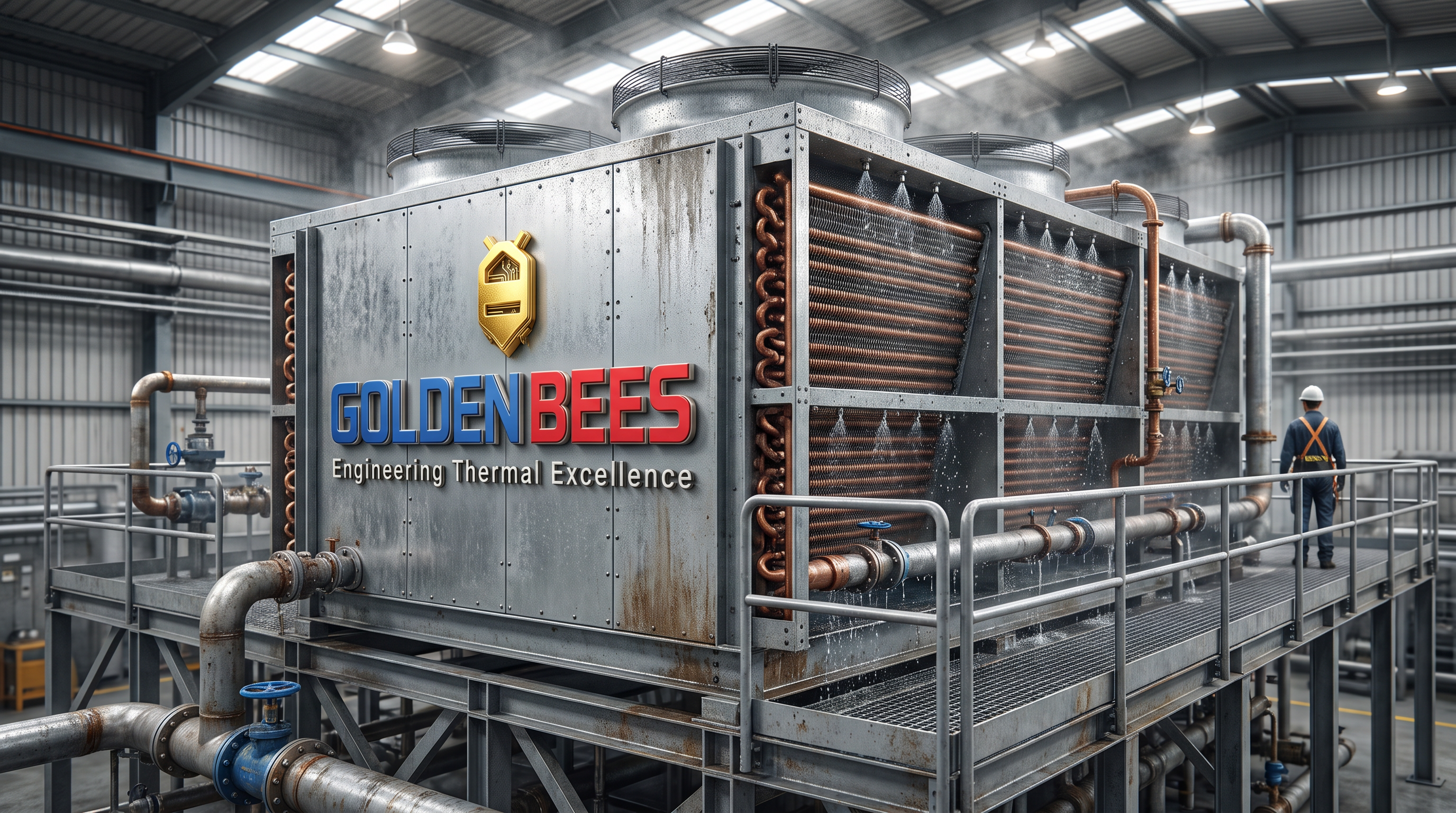 AI Design for Create a premium **photorealistic industrial photograph** for a corporate website service tile representing **Evaporative Condensers**.

Show a large-scale evaporative condenser / closed-circuit cooling system operating in a real industrial refrigeration or process facility. Feature authentic industrial construction, galvanized or coated metal panels, condenser coils, axial fans, water distribution components, connected piping, valves, platforms and structural supports. The equipment should look engineered, installed and genuinely operational.

**Use the attached Golden Bees / GBGCC logo for branding.** Integrate the attached logo naturally and accurately on the equipment housing, facility signage, or another realistic industrial surface. Preserve the exact logo design, proportions and colors. Do not redesign, distort, duplicate excessively, or invent another logo.

People should be **absent or extremely minimal**. If included, show only one distant, small-scale technician from behind or partially obscured, with no identifiable face or personality. The equipment must remain the dominant subject.

Composition: cinematic 3/4 industrial perspective, strong sense of scale, realistic depth, clean composition, subtle atmospheric moisture, and enough negative space for website text overlay.

Lighting should resemble an authentic professional industrial photograph — natural or realistic facility lighting, physically accurate reflections, subtle water droplets and moisture, realistic metal textures, controlled contrast and natural imperfections.

Avoid obvious CGI, futuristic machinery, exaggerated steam, excessive water spray, glowing effects, dramatic fantasy lighting, floating components, perfect sterile surfaces, identifiable people, generic stock-photo aesthetics, or AI-generated visual artifacts.

**Ultra-photorealistic, technically authentic, documentary-style industrial photography, premium engineering company aesthetic, real-camera appearance, physically accurate equipment, natural textures and imperfections.**