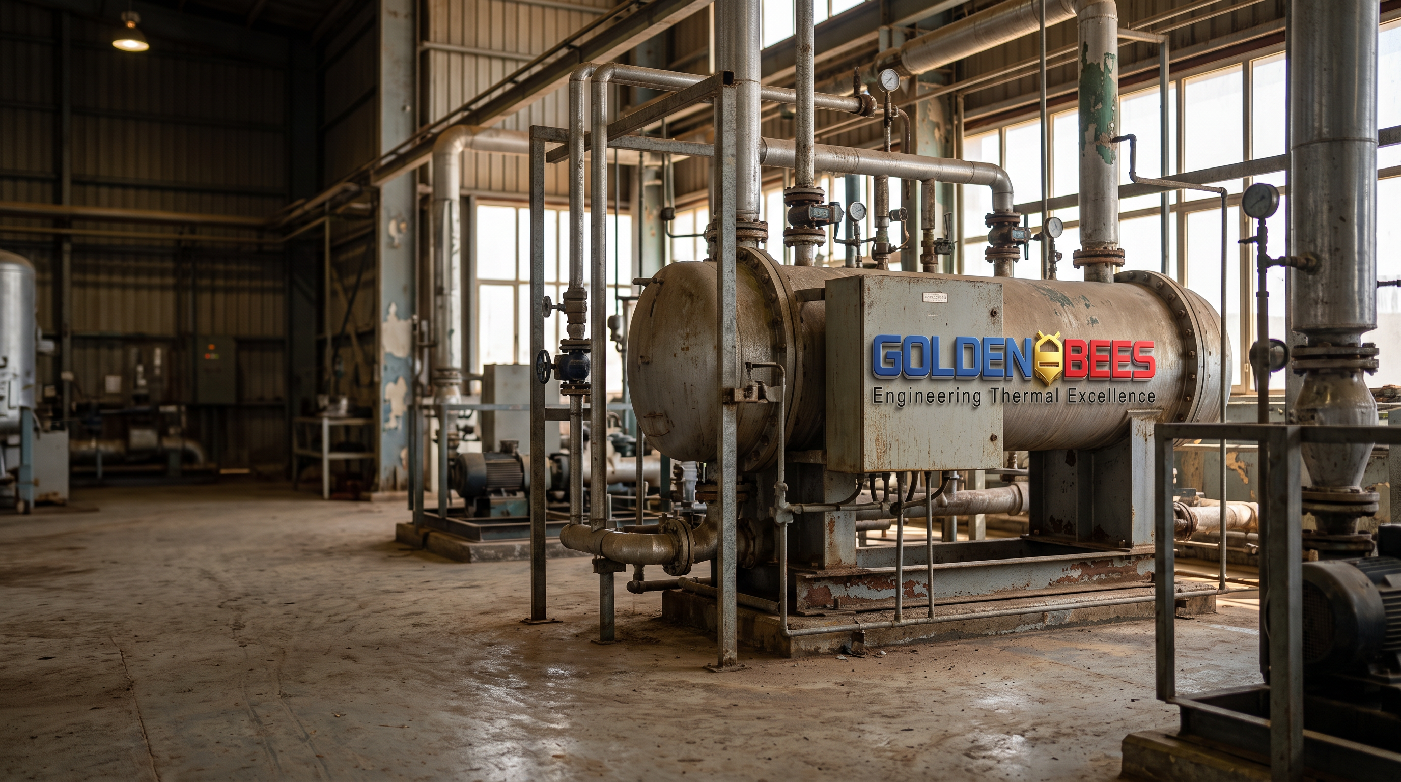 AI Design for A genuine editorial photograph captured inside an operating industrial thermal engineering facility in Saudi Arabia, featuring a substantial shell-and-tube heat exchanger and process piping in the middle ground. The environment is textured with concrete floors, galvanized steel, dust, weathered paint, and subtle industrial wear, illuminated by soft natural daylight mixing with ambient facility light. {{asset:123}} is naturally applied to a utility panel on the equipment, appearing physically printed rather than floating. One side of the frame features a calmer, darker area of negative space with balanced natural shadows and realistic full-frame camera depth.
