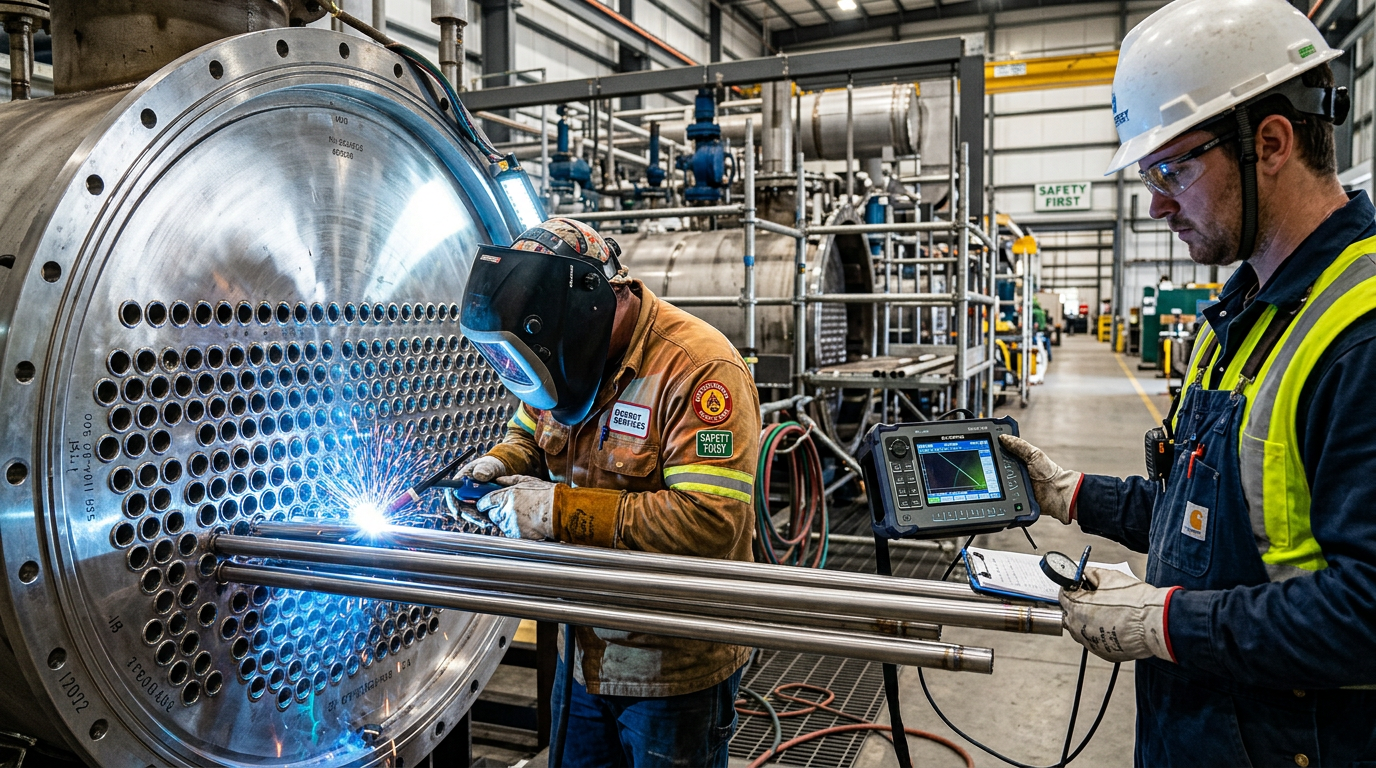 AI Design for A professional industrial safety photograph showcasing expert technicians performing boiler re-tubing and meticulous weld inspection inside a brightly lit, modern industrial facility. The scene emphasizes precision engineering, featuring sharp focus on newly installed stainless steel boiler tubes, vibrant blue welding sparks, and clear diagnostic testing equipment. Captured from a dynamic medium-angle with dramatic side lighting that highlights metallic textures and industrial cleanliness, rendered in a realistic, high-contrast color palette.