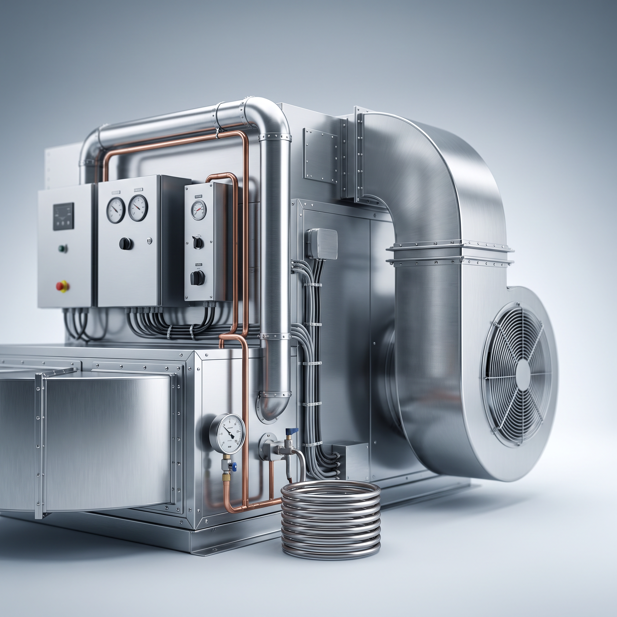 AI Design for Professional studio product photography of {{product:HVAC & MEP Equipment}}, captured with crisp industrial lighting against a clean, neutral gradient background. Focus on the intricate metallic textures, polished steel surfaces, and precision engineering details, utilizing a shallow depth of field to emphasize the structural complexity and commercial aesthetic.