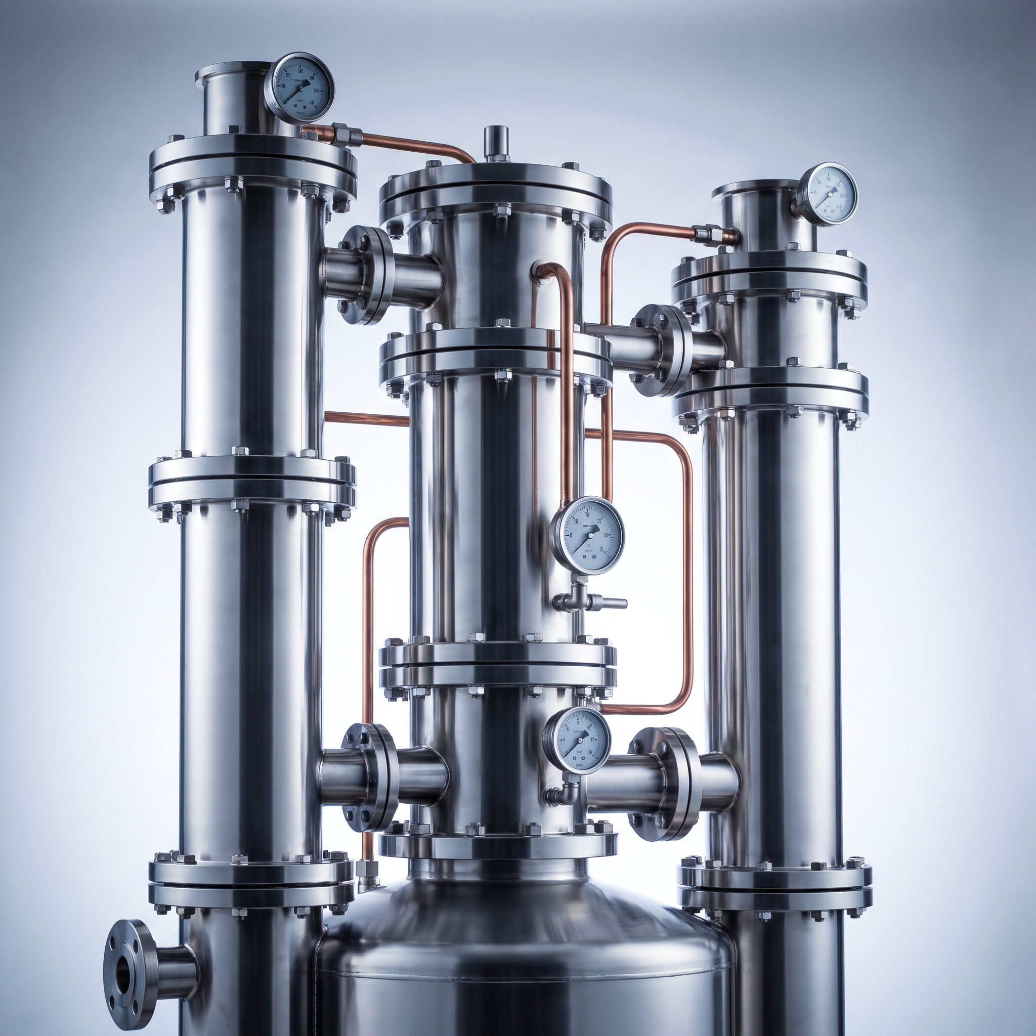 AI Design for Professional studio product photography of a {{product:Evaporators}}, captured with crisp industrial lighting against a clean, neutral gradient background. Focus on the intricate metallic textures, polished steel surfaces, and precision engineering details, utilizing a shallow depth of field to emphasize the structural complexity. High-resolution, sharp focus, commercial aesthetic suitable for a technical catalog or website hero banner.