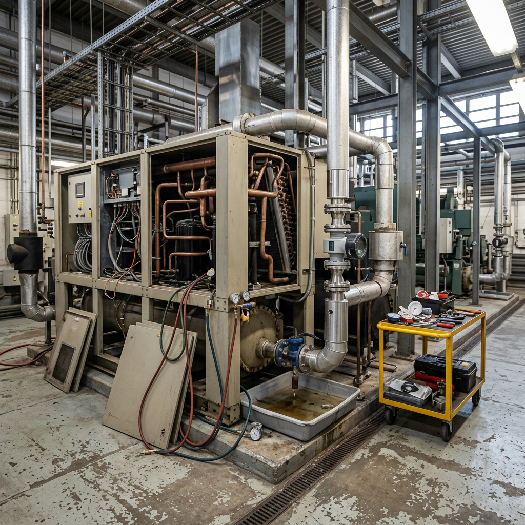 AI Design for Create a highly photorealistic **documentary-style industrial engineering photograph** showing a large **industrial heating and cooling equipment system undergoing professional maintenance and upgrade** inside a real operating plant or mechanical facility.

Show a substantial industrial chiller, heat-pump, boiler or central thermal-system installation with service panels open and selected components exposed for maintenance. Clearly show realistic chilled-water or hot-water piping, isolation valves, pumps, strainers, gauges, control panels, electrical connections, insulation and mechanical supports. Include a newly upgraded section of the system integrated naturally with existing equipment, showing realistic replacement piping, modern valves, instrumentation or control components alongside older equipment.

The scene should communicate **planned maintenance and system upgrading** through believable details: removed access panels, organized replacement components, service tools, diagnostic instruments, temporary isolation points, drip trays, maintenance covers and clearly separated new and existing components. Equipment should appear operationally maintained rather than destroyed or heavily damaged.

The site must look like a **genuine working industrial plant**, with realistic concrete or metal flooring, structural steel, pipe racks, cable trays, drainage channels, minor dust, subtle oil or grease marks, surface scratches, weathered paint, insulation imperfections and naturally accumulated industrial wear. Include realistic constraints such as limited service space, existing pipework and surrounding plant infrastructure. Keep everything professionally maintained and organized, but never showroom-perfect.

Use natural industrial lighting, realistic shadows and reflections, authentic steel, aluminum, copper, rubber, insulation and painted-metal textures. Natural camera perspective, believable equipment scale, subtle photographic imperfections and documentary engineering photography. Premium but understated composition suitable for a corporate service webpage.

**Strict requirements:** no humans, no workers, no mannequins, no hands, no text, no logos, no brand names, no readable labels, no futuristic machinery, no impossible pipe routing, no floating components, no excessive cleanliness, no dramatic explosions, no exaggerated steam or smoke, no artificial symmetry, no theatrical cinematic lighting, no CGI, no 3D-rendered appearance.

The final image must look like an **authentic photograph taken during professional planned maintenance and equipment upgrading at a real industrial heating and cooling facility**, with technically accurate equipment, genuine site conditions and believable maintenance details.