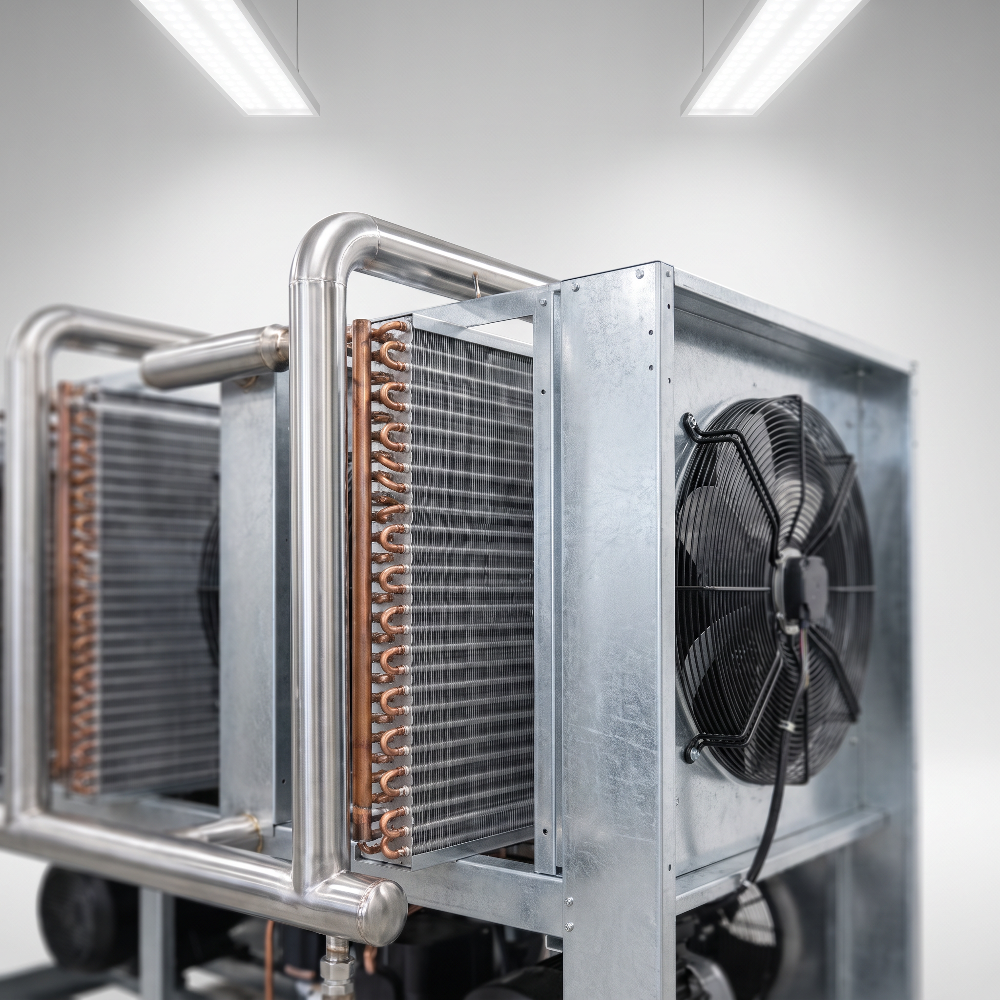 AI Design for Professional studio product photography of {{product:Dry Coolers
Dry coolers for closed-loop cooling systems where water usage must be minimised. Suitable for data centres, power plants and industrial processes.
Copper
Aluminium Fins
Galvanised Steel
Stainless Steel}}, captured with crisp industrial lighting against a clean, neutral gradient background. Focus on the intricate metallic textures, polished steel surfaces, and precision engineering details, utilizing a shallow depth of field to emphasize the structural complexity and commercial aesthetic.