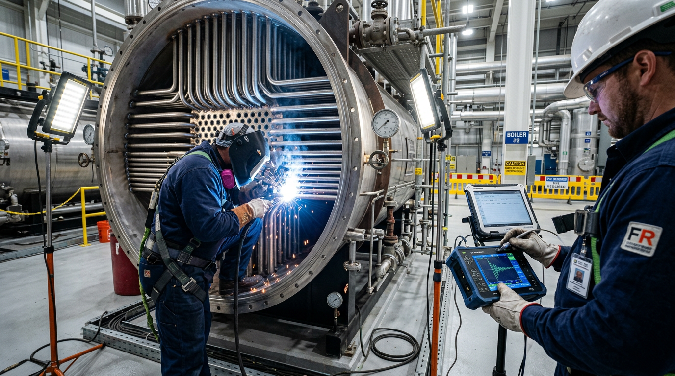 AI Design for A professional industrial safety photograph showcasing expert technicians performing boiler re-tubing and meticulous weld inspection inside a brightly lit, modern industrial facility. The scene emphasizes precision engineering, featuring sharp focus on newly installed stainless steel boiler tubes, vibrant blue welding sparks, and clear diagnostic testing equipment. Captured from a dynamic medium-angle with dramatic side lighting that highlights metallic textures and industrial cleanliness, rendered in a realistic, high-contrast color palette.