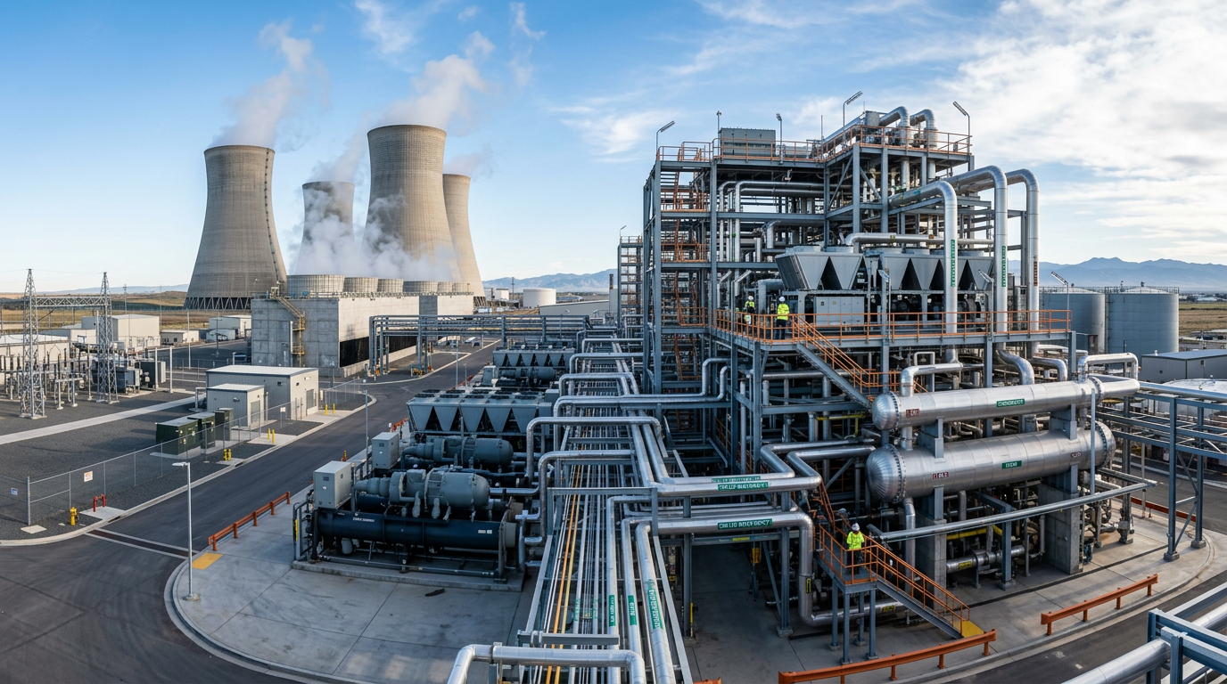 AI Design for A wide-angle, cinematic establishing shot of a massive modern industrial plant showcasing an intricate network of interconnected thermal systems. The scene features towering industrial cooling towers releasing gentle steam, precision-engineered chillers, large-scale heat exchangers, polished process piping, and advanced instrumentation under a crisp daylight sky. Captured with sharp architectural clarity, emphasizing metallic textures, complex mechanical depth, cool industrial blues, and warm metallic accents.