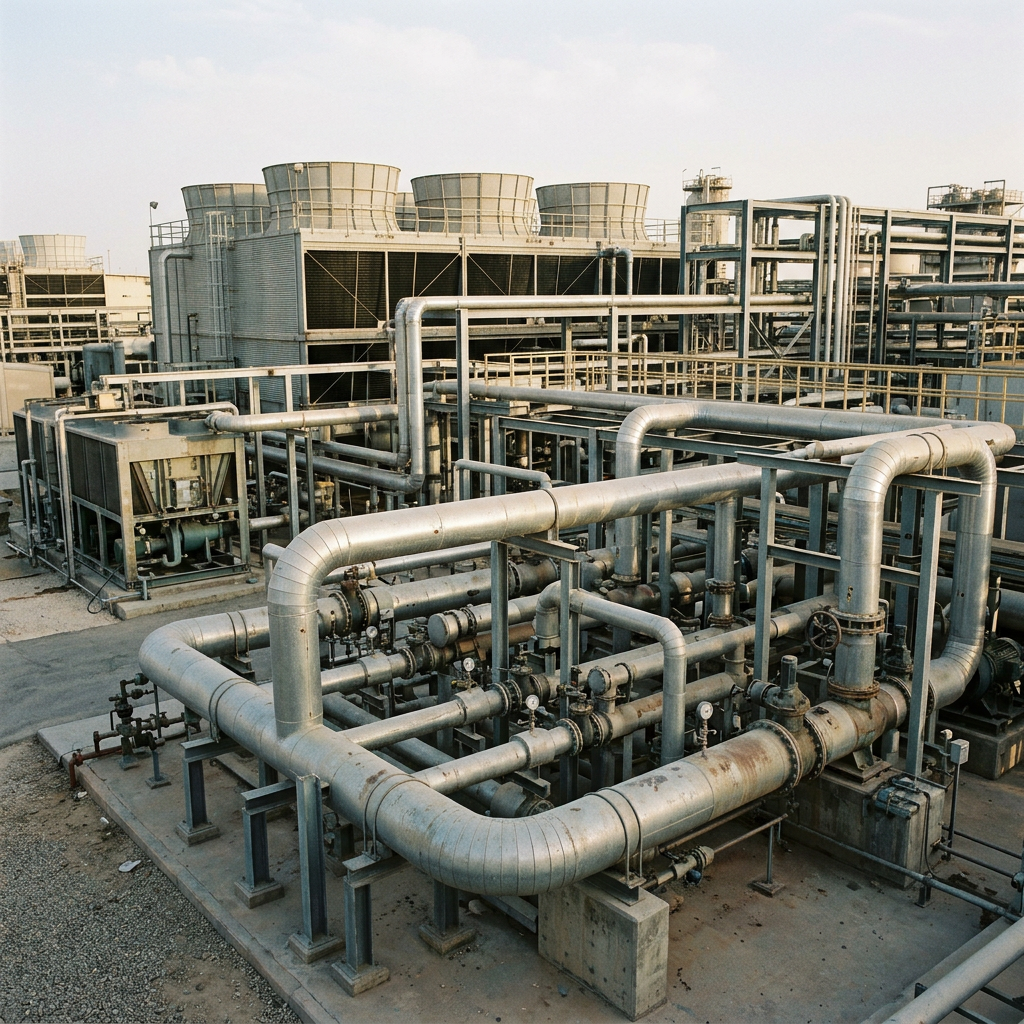 AI Design for Create a set of **4 highly photorealistic documentary-style industrial engineering photographs** representing the complete service capabilities of **Golden Bees** across industrial heating, cooling, HVAC and thermal engineering.

**Image 1 — Integrated Industrial Cooling & Thermal Systems:** Show a real industrial plant with multiple interconnected thermal systems including cooling towers, chillers, heat exchangers, pumps, large process piping, valves and instrumentation. Wide establishing composition that communicates large-scale thermal engineering capability.

**Image 2 — Engineering, Fabrication & Equipment:** Show a genuine heavy-industrial fabrication workshop containing large shell-and-tube heat exchangers, industrial cooling equipment, fabricated piping, tube bundles and mechanical components at different stages of fabrication, inspection and preparation.

**Image 3 — Installation, HVAC & Commissioning:** Show a real completed industrial mechanical installation with air-cooled condensers or dry coolers, HVAC/MEP equipment, chilled-water piping, pumps, valves, electrical connections and commissioning instrumentation integrated into an existing facility.

**Image 4 — Maintenance, Overhaul & Upgrades:** Show a genuine industrial maintenance environment with a large compressor or boiler/thermal system partially opened for professional inspection and maintenance, surrounded by organized service equipment, replacement components, diagnostic instruments and upgraded mechanical connections.

All four images must feel like they belong to the **same real industrial engineering company and photographic documentation set**. Use authentic Saudi/Gulf-region industrial environments where naturally appropriate, realistic heavy equipment scale, galvanized and painted steel, concrete, pipe racks, structural supports, natural weathering, dust, minor surface wear, oil/grease marks and believable working-site imperfections.

Use natural daylight or realistic industrial ambient lighting, genuine photographic perspective, physically accurate equipment, natural shadows and reflections, realistic material textures and subtle camera imperfections. The images should look like photographs taken at actual industrial facilities and workshops—not advertising renders.

**No humans, no workers, no mannequins, no hands, no text, no logos, no brand names, no readable signage, no futuristic machinery, no impossible equipment combinations, no floating components, no excessive cleanliness, no artificial symmetry, no exaggerated smoke/steam, no dramatic cinematic effects, no CGI, no 3D-rendered appearance.**

The overall visual story should communicate: **engineering → fabrication → installation → commissioning → maintenance → long-term industrial support**, allowing a visitor to understand Golden Bees' complete heating, cooling and thermal engineering capability from the carousel alone.