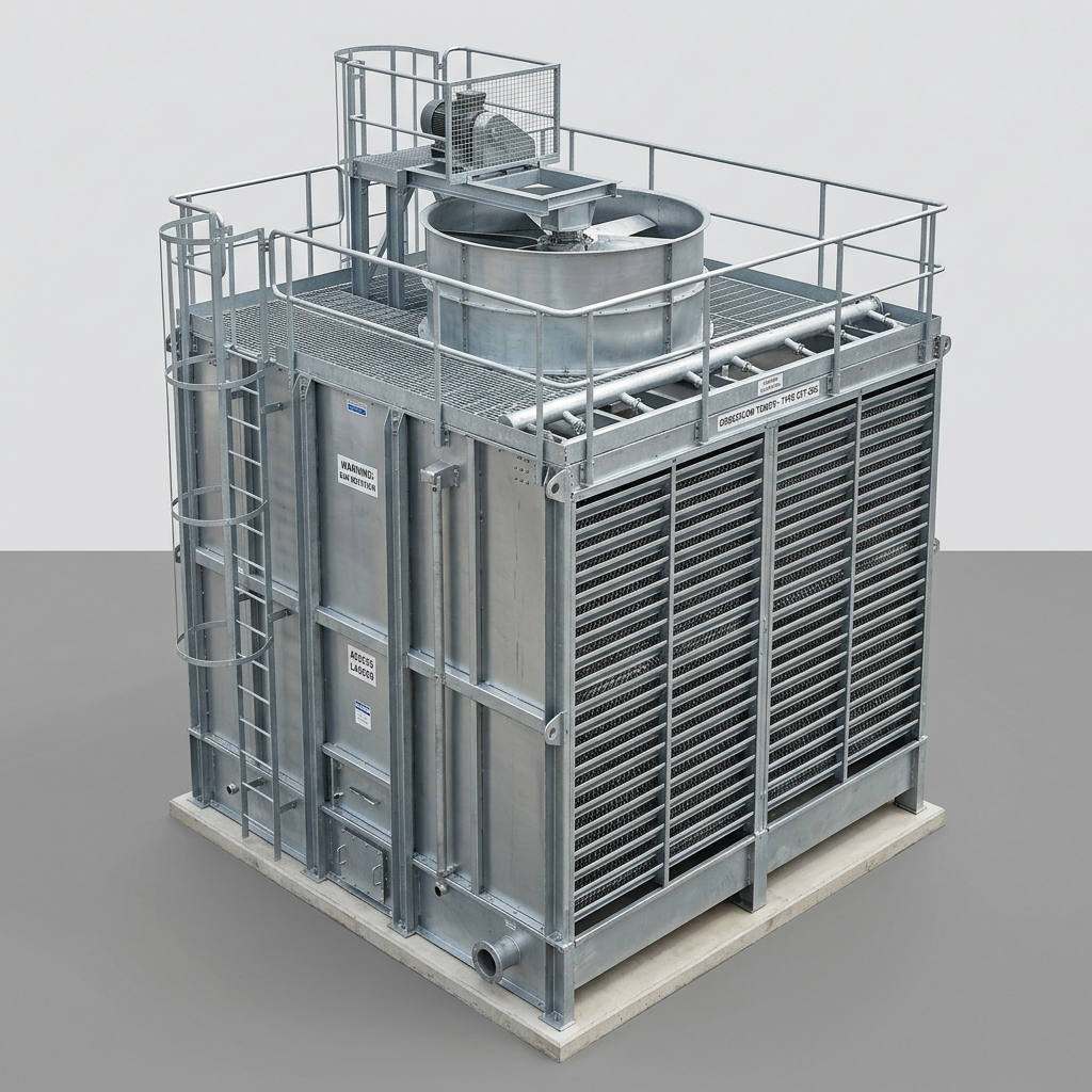 AI Design for 1. A complete industrial induced-draught CROSSFLOW cooling tower, three-quarter
view, standing on a plain mid-grey seamless studio ground. Galvanised steel
casing. The defining features must be visible: tall louvred air-inlet faces on
the sides, an open hot-water distribution deck across the top, and a single
large axial fan in a cylindrical cowl on the roof. Access ladder and handrail on
one side. Clean new condition.