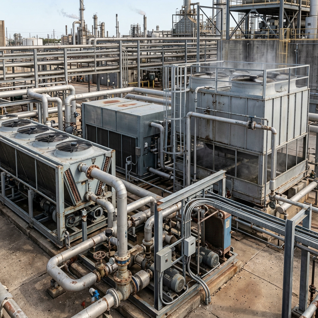 AI Design for Create a highly photorealistic documentary-style photograph showing a large industrial cooling installation combining an evaporative cooling tower, closed-circuit cooling equipment, air-cooled condenser or dry cooler, pumps, heat exchangers and interconnected process piping. Show accurately engineered fans, coils, spray sections, headers, valves, instrumentation and structural supports. The equipment should be installed at a real industrial plant with surrounding pipe racks, concrete structures, electrical infrastructure and service access areas. Include realistic environmental conditions such as dust, subtle weathering, minor corrosion, surface marks and normal industrial wear. Natural daylight, realistic perspective and scale, authentic metal textures, understated professional composition. No humans, no text, no logos, no futuristic machinery, no impossible equipment combinations, no CGI, no 3D-rendered appearance. The image must look like genuine industrial photography documenting a real cooling system installation.