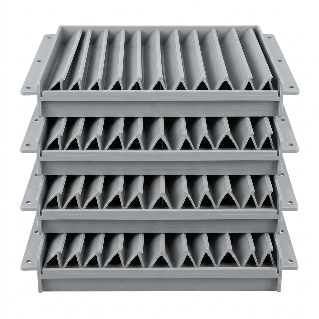 AI Design for Cut-outs need this instead of a ground: isolated on a pure white background, no shadow, no scene, no surface.

 A stack of four cooling tower air inlet louvre panels laid one on another
    with their edges slightly offset so the blade profile is visible.