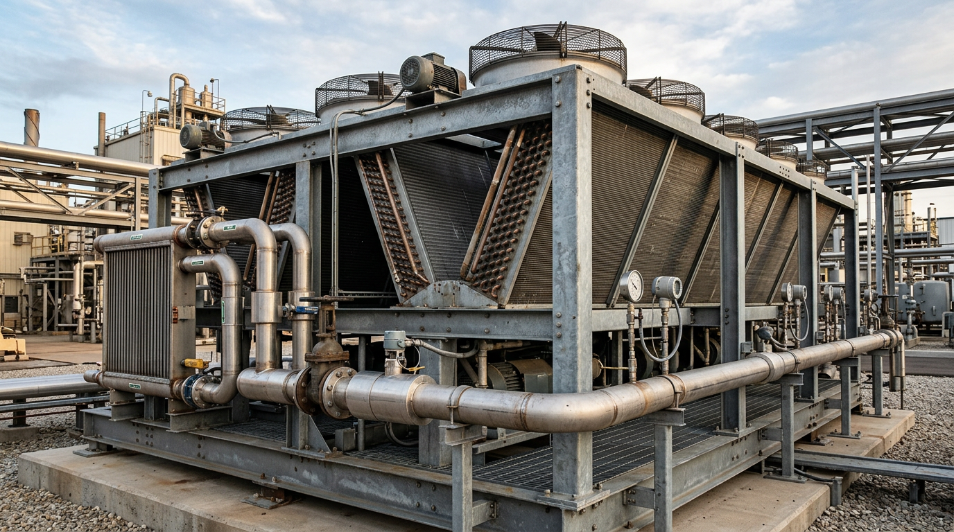 AI Design for Create a photorealistic industrial engineering photograph showing a large **air-cooled condenser / dry cooler system** installed at a real industrial facility. Clearly show accurately engineered finned-tube heat-transfer coils, multiple axial fans with protective guards, rigid steel support structure, headers, refrigerant or process piping, isolation valves and realistic instrumentation. Include adjacent radiator-style heat-transfer sections and correctly routed piping to communicate condenser, evaporator and dry-cooling applications. Show genuine fabrication details such as brazed/welded joints, tube-fin construction, bolted connections, brackets and protective coatings, with subtle natural signs of industrial use. The system should appear fully installed and undergoing realistic performance verification, with gauges and instrumentation connected in technically plausible positions. Natural daylight and ambient industrial conditions, realistic metal and aluminum textures, documentary engineering photography, accurate scale and perspective, understated premium composition suitable for a corporate service webpage. No humans, no workers, no mannequins, no text, no logos, no futuristic machinery, no exaggerated vapor or special effects, no impossible pipe routing, no excessive cleanliness, no CGI or plastic appearance, no artificial symmetry. The final image must look like an authentic photograph captured at a professional industrial cooling-equipment installation or testing site.