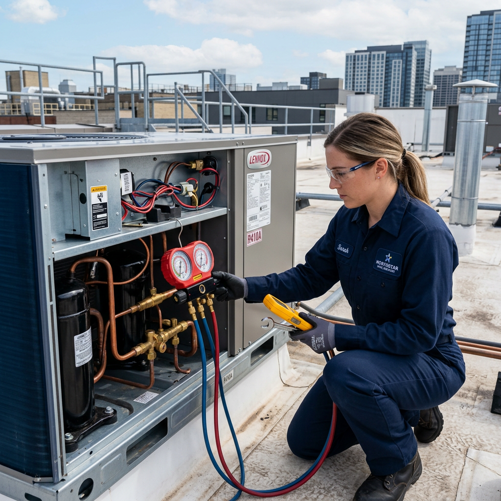 AI Design for A professional HVAC technician in clean uniform performing precision diagnostic maintenance on a modern, sleek commercial rooftop heating and cooling unit. Bright daylight, crisp industrial aesthetic, sharp focus on mechanical gauges and polished metal components, with a clean corporate blue and metallic color palette. Captured with a professional DSLR camera at eye-level, emphasizing reliability, safety, and expert craftsmanship.