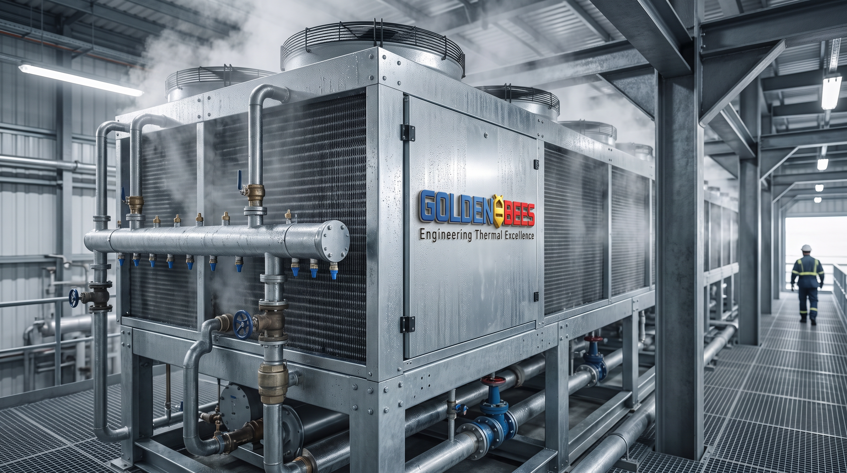 AI Design for Create a premium **photorealistic industrial photograph** for a corporate website service tile representing **Evaporative Condensers**.

Show a large-scale evaporative condenser / closed-circuit cooling system operating in a real industrial refrigeration or process facility. Feature authentic industrial construction, galvanized or coated metal panels, condenser coils, axial fans, water distribution components, connected piping, valves, platforms and structural supports. The equipment should look engineered, installed and genuinely operational.

**Use the attached Golden Bees / GBGCC logo for branding.** Integrate the attached logo naturally and accurately on the equipment housing, facility signage, or another realistic industrial surface. Preserve the exact logo design, proportions and colors. Do not redesign, distort, duplicate excessively, or invent another logo.

People should be **absent or extremely minimal**. If included, show only one distant, small-scale technician from behind or partially obscured, with no identifiable face or personality. The equipment must remain the dominant subject.

Composition: cinematic 3/4 industrial perspective, strong sense of scale, realistic depth, clean composition, subtle atmospheric moisture, and enough negative space for website text overlay.

Lighting should resemble an authentic professional industrial photograph — natural or realistic facility lighting, physically accurate reflections, subtle water droplets and moisture, realistic metal textures, controlled contrast and natural imperfections.

Avoid obvious CGI, futuristic machinery, exaggerated steam, excessive water spray, glowing effects, dramatic fantasy lighting, floating components, perfect sterile surfaces, identifiable people, generic stock-photo aesthetics, or AI-generated visual artifacts.

**Ultra-photorealistic, technically authentic, documentary-style industrial photography, premium engineering company aesthetic, real-camera appearance, physically accurate equipment, natural textures and imperfections.**
