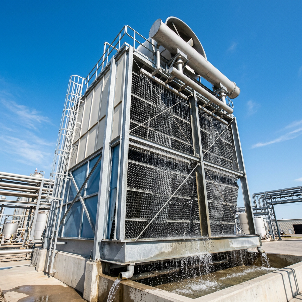 AI Design for A modern industrial crossflow cooling tower standing against a clear blue sky, showcasing intricate internal honeycomb fill media and water cascading down. Captured in sharp architectural detail with bright natural daylight, highlighting the metallic and composite textures of the structure from a low-angle perspective.
