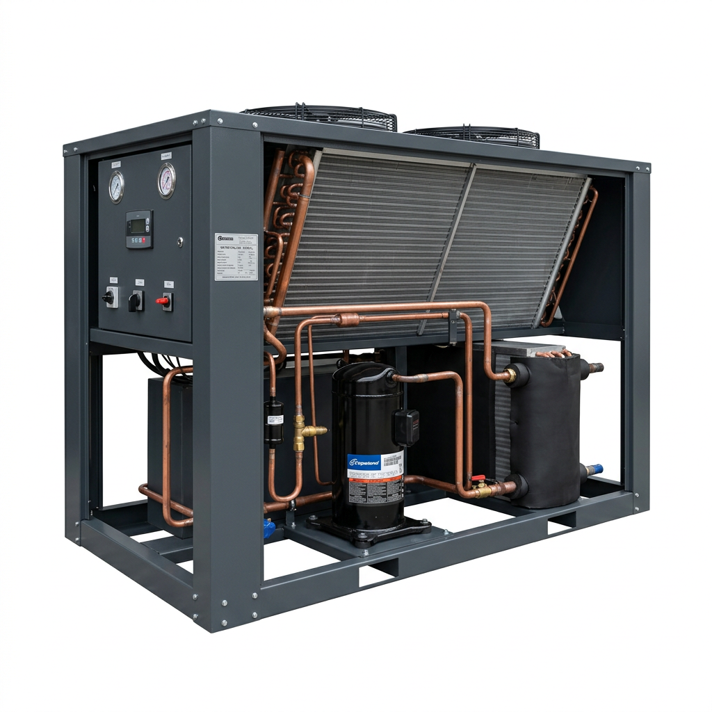 AI Design for Cut-outs need this instead of a ground: isolated on a pure white background, no shadow, no scene, no surface.

A packaged air-cooled water chiller with one side casing panel removed,
    three-quarter view, showing the scroll compressor, the shell evaporator and
    the copper refrigerant pipework inside the frame.