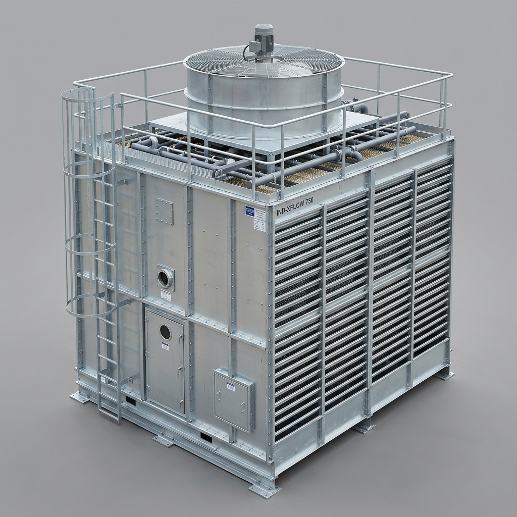 AI Design for 1. A complete industrial induced-draught CROSSFLOW cooling tower, three-quarter
view, standing on a plain mid-grey seamless studio ground. Galvanised steel
casing. The defining features must be visible: tall louvred air-inlet faces on
the sides, an open hot-water distribution deck across the top, and a single
large axial fan in a cylindrical cowl on the roof. Access ladder and handrail on
one side. Clean new condition.