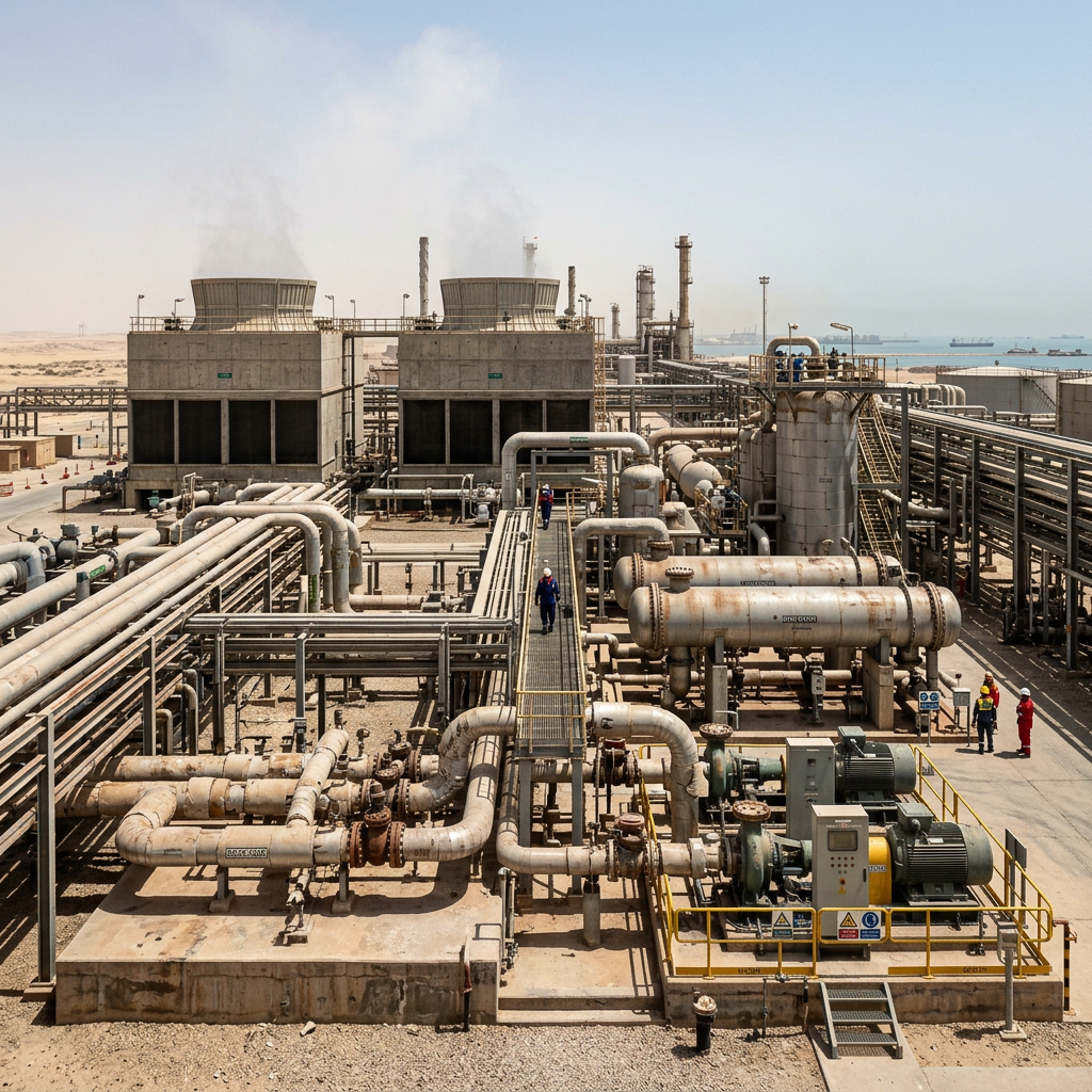 AI Design for A highly photorealistic documentary-style photograph of a large real industrial thermal engineering facility showing a complete interconnected heating and cooling system. The wide establishing composition captures industrial cooling towers, chillers, shell-and-tube heat exchangers, pumps, large process piping, valves, pipe racks, instrumentation, and structural steel infrastructure arranged in technically accurate configurations under harsh natural daylight. The real Gulf-region industrial environment features realistic dust, weathering, aged concrete, oxidized metal surfaces, minor stains, and genuine site imperfections with authentic materials and realistic scale.
