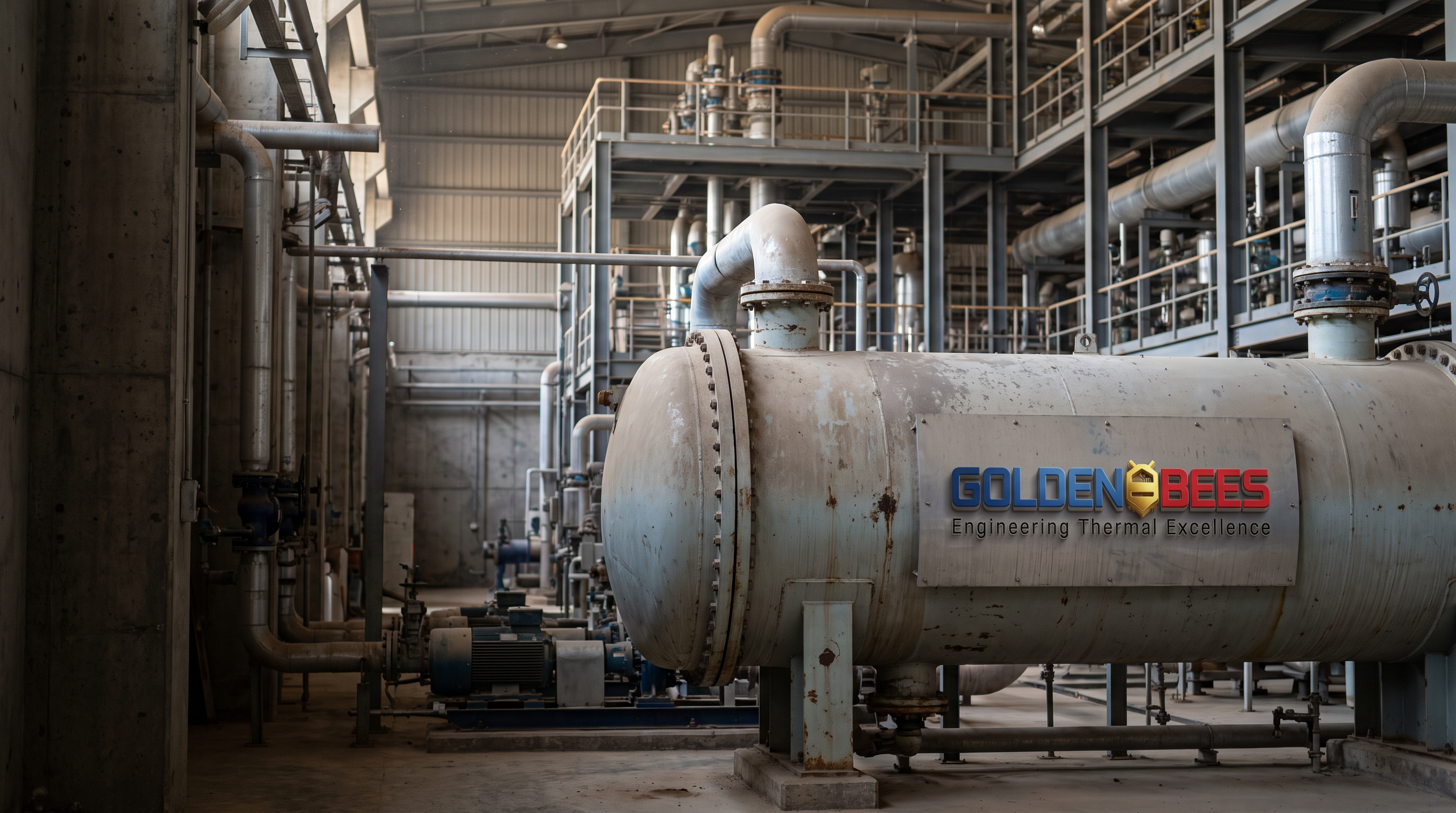 AI Design for A genuine photograph taken during a normal site visit at a large industrial thermal engineering facility in Saudi Arabia. A large shell-and-tube heat exchanger occupies the foreground while real cooling equipment, industrial pipework, pumps, valves, structural steel and service platforms continue naturally into the background. The equipment is installed as part of a real working plant, with believable connections, access clearances and infrastructure rather than equipment arranged for display.

Photograph from approximately human eye level using a realistic full-frame camera perspective. Natural afternoon daylight entering the facility, ordinary industrial ambient lighting, realistic exposure and naturally uneven illumination. Slight atmospheric dust, concrete floor marks, faded paint, small scratches, weathered galvanized steel, minor stains and other subtle signs of genuine industrial use. Nothing is perfectly clean or perfectly symmetrical.

The composition should feel incidental and authentic, as though an industrial photographer documented an actual Golden Bees project during a routine site visit. Keep the foreground and central equipment detailed while allowing the background to naturally fall into softer focus. Leave clean darker negative space toward the left side for website typography.

Integrate the **attached Golden Bees logo** naturally onto an existing equipment panel or facility identification surface. Use the supplied logo exactly; make it appear physically printed, painted or applied to the surface with realistic perspective, lighting and material interaction.

Authentic industrial photography. Real equipment. Real materials. Real site conditions. Natural camera exposure. Subtle lens imperfections. Physically believable geometry.

Do not create a render, illustration, concept image, architectural visualization or advertising composite. No humans, no workers, no mannequins, no hands, no text, no invented signage, no futuristic machinery, no dramatic smoke, no excessive steam, no blue/orange cinematic lighting, no HDR, no extreme sharpness, no perfect surfaces, no perfect symmetry, no floating equipment, no impossible pipe connections, no duplicated machinery, no plastic-looking metal, no artificial depth-of-field, no glossy CGI appearance.