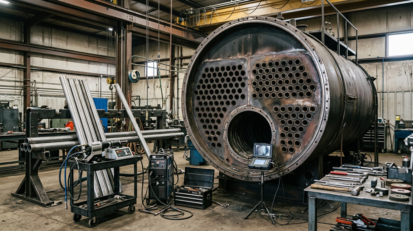 AI Design for Create a highly photorealistic **documentary-style industrial engineering photograph** showing a large industrial **fire-tube boiler during tube replacement and inspection** inside a real boiler maintenance facility.
Show the boiler opened at the front with the tube sheet clearly exposed and a section of boiler tubes removed, revealing accurately arranged tube openings and the internal fire-tube configuration. Include several new replacement tubes positioned beside the boiler, with realistic tube-cutting and preparation equipment, welding/inspection tools, tube-expanding equipment and appropriate maintenance fixtures arranged naturally around the work area. The equipment and tube geometry must be technically accurate for a real industrial boiler.
The facility should look like a genuine working boiler maintenance site with realistic conditions: industrial concrete flooring, overhead lifting equipment, maintenance stands, organized tools, replacement tube materials, protective coverings, hoses, welding equipment, minor soot and dust, light oil or grease marks and natural wear on surrounding surfaces. Keep the workspace professionally managed but visibly used for heavy industrial maintenance—not a spotless showroom.
Focus on the **tube replacement and weld inspection stage**, with realistic inspection instruments and weld-testing equipment positioned near the exposed tube sheet. Include subtle evidence of preventive maintenance such as inspected valves, access covers and service components in the surrounding area without overcrowding the composition.
Use natural industrial lighting, authentic steel and refractory textures, realistic soot deposits, scratches, heat discoloration, weld marks and minor surface imperfections. Accurate scale, natural perspective, realistic shadows and reflections, documentary photography and understated premium composition suitable for a corporate engineering service webpage.
**Strict requirements:** no humans, no workers, no mannequins, no hands, no text, no logos, no brand names, no readable labels, no futuristic machinery, no impossible tube arrangements, no incorrect boiler construction, no floating components, no spotless showroom appearance, no exaggerated sparks or steam, no dramatic cinematic effects, no artificial symmetry, no CGI, no 3D-rendered appearance.
The final image must look like an **authentic photograph captured during professional industrial boiler re-tubing and weld inspection**, with technically accurate equipment, realistic maintenance procedures and genuine working-site conditions.