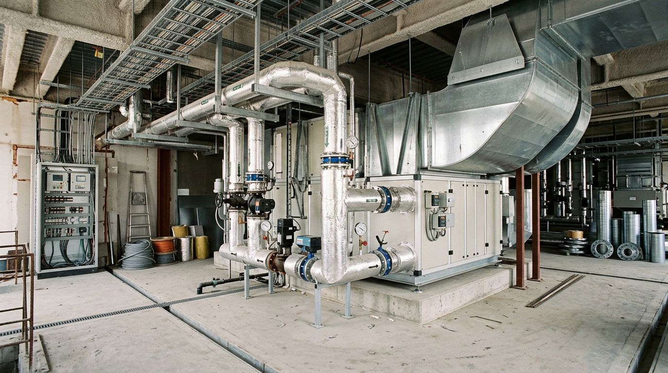 AI Design for Create a highly photorealistic **documentary-style industrial engineering photograph** of a real HVAC & MEP installation at an active commercial or industrial project site.
Show a professionally installed HVAC and MEP system including a large air handling unit, chilled-water piping, supply and return air ducts, pumps, valves, electrical conduits, cable trays, drainage lines, insulation, equipment supports and control/instrumentation points. The installation must be technically plausible, with correctly routed piping and ductwork, proper pipe supports and hangers, flanged and welded connections, valves positioned logically, and realistic service clearances around equipment.
### Realistic site conditions
The location should look like a **genuine working industrial construction or plant environment**, not a showroom. Include subtle, believable signs of an active site: unfinished sections of flooring or walls, exposed structural steel or concrete, partially completed insulation, temporary protective coverings, a few neatly arranged material bundles, spare duct sections or pipes stored in designated areas, cable coils, temporary site lighting, minor dust and dirt, realistic surface marks, slightly weathered equipment, drainage channels and ordinary construction-site imperfections. Keep the area organized and professionally managed rather than messy or abandoned.
Show evidence of the **commissioning and handover stage** through realistic pressure gauges, thermometers, control panels, electrical connections, test points and instrumentation installed on the equipment. Equipment should appear newly commissioned but not artificially pristine.
Use natural ambient site lighting with realistic shadows, reflections and exposure. Authentic galvanized steel, painted metal, copper, insulation and concrete textures. Realistic perspective, depth, scale and lens characteristics of a professional industrial photograph. Slight imperfections in alignment, surfaces and materials are desirable and should reinforce photographic realism.
The composition should communicate **HVAC design, equipment installation, MEP integration, commissioning and completed project handover** without requiring any people to explain it.
**Strict requirements:** no humans, no workers, no mannequins, no text, no logos, no brand names, no readable signage, no diagrams, no futuristic equipment, no showroom appearance, no perfectly clean surfaces, no excessive dramatic lighting, no artificial symmetry, no impossible piping or duct routing, no floating components, no exaggerated steam or effects, no CGI look, no 3D-rendered appearance, no glossy AI-generated aesthetic.
The final image must look like an **authentic photograph captured at a real HVAC & MEP project site immediately around installation, commissioning and final inspection**, with technically accurate equipment and believable real-world site conditions.