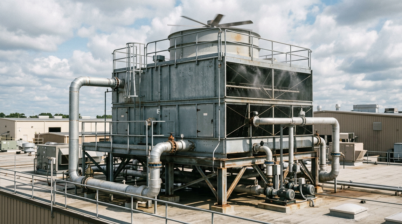 AI Design for Create a photorealistic industrial engineering photograph showing a large **evaporative condenser / closed-circuit cooling tower** installed at a real industrial facility. Clearly show the complete cooling equipment with accurately proportioned casing, axial fan assembly, spray-water distribution system, coil section, drift eliminators, access panels, piping connections and structural supports. Include realistic connected condenser-water and process-water piping, valves, pumps and instrumentation to demonstrate an actual installed and commissioned system. The equipment should appear operational, with subtle natural water spray and airflow effects where technically appropriate. Authentic industrial setting, galvanized steel and painted metal surfaces with realistic wear, joints, fasteners, drainage details and minor environmental imperfections. Natural daylight, documentary industrial photography, realistic perspective and scale, technically accurate engineering configuration, premium but understated composition suitable for a corporate service webpage. No humans, no workers, no mannequins, no text, no logos, no futuristic equipment, no excessive steam or dramatic effects, no impossible piping, no CGI/plastic appearance, no artificial symmetry. The image must look like a genuine photograph taken during installation, commissioning or maintenance of professional evaporative cooling equipment.
