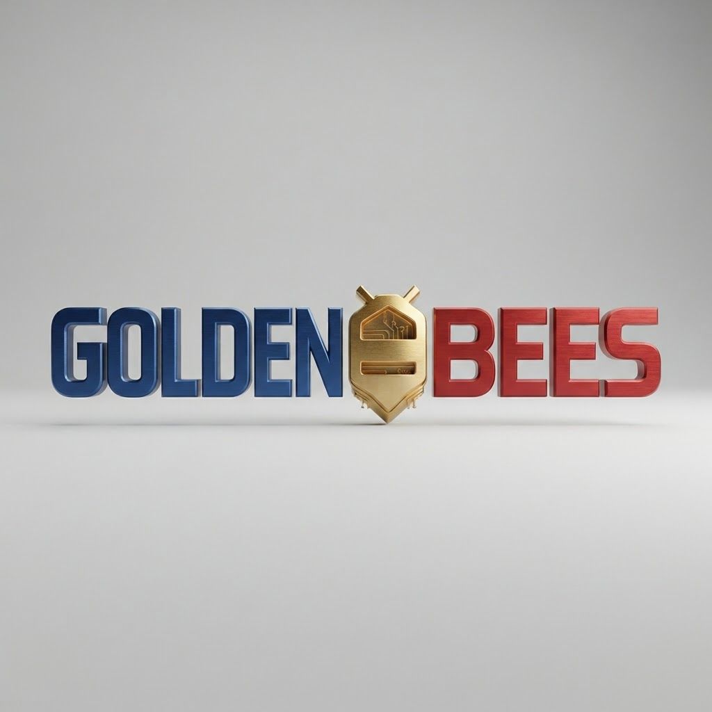 AI Design for High-end studio product photograph of Golden Bees Logo. The image displays the 3D logo 'GOLDEN BEES' with the word 'GOLDEN' in blue and 'BEES' in red. Between the words is a golden, hive-shaped icon featuring integrated circuit board patterns. Product centered as the clear hero, clean neutral background, controlled softbox lighting, realistic contact shadow, crisp edges, accurate material texture, no readable text added.