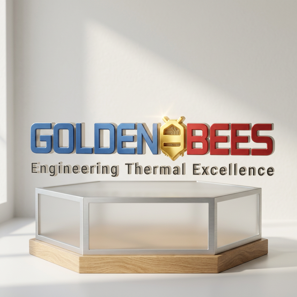 AI Design for A high-end, clean studio product shot of the Golden Bees logo, showcasing its 3D metallic texture and precision engineering aesthetic on a minimalist, elegant pedestal in a soft, natural morning light.