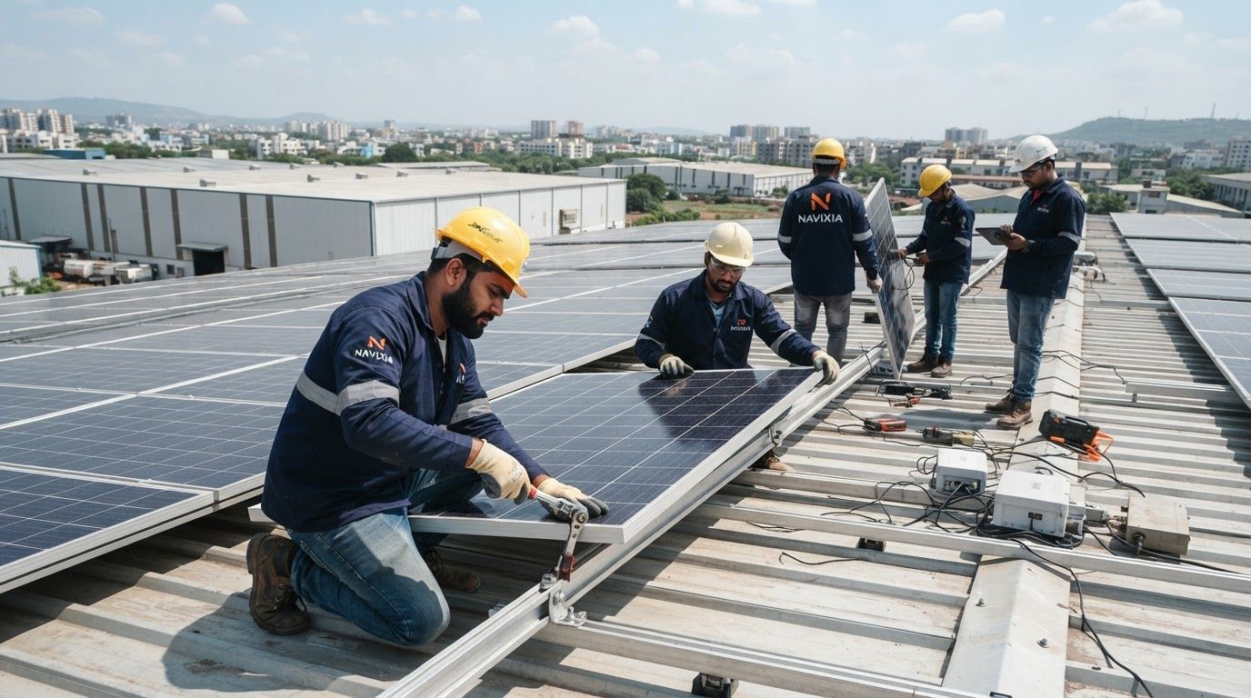 AI Design for create images of aesthetic (real) commercial rooftop solar installation process, the images should not be looking ai generated at all, it should look natural. Indian people should be there, uniform/safety jackets should show NAVIXIA