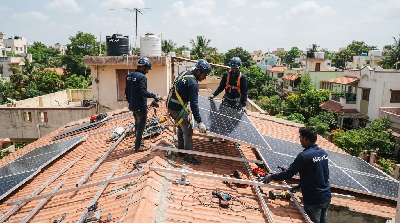AI Design for create images of aesthetic (real) residential rooftop solar installation process, the images should not be looking ai generated at all, it should look natural. Indian people should be there, uniform/safety jackets should show NAVIXIA