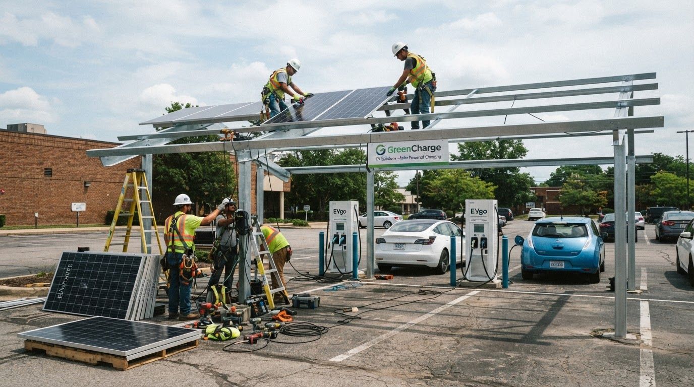 AI Design for create natural looking and real images of EV station's solar installation process. (The image should look like it is captured by mobile or camera and not an ai generated picture)