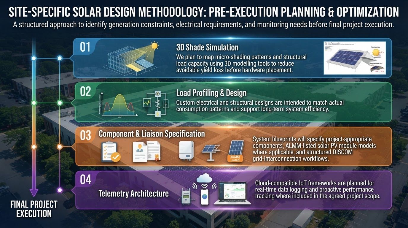 AI Design for Four design layers planned around the actual site.
A structured methodology intended to identify generation constraints, electrical requirements and monitoring needs before final project execution.
01
3D Shade Simulation
We plan to map micro-shading patterns and structural load capacity using 3D modelling tools to reduce avoidable yield loss before hardware placement.
02
Load Profiling & Design
Custom electrical and structural designs are intended to match actual consumption patterns and support long-term system efficiency.
03
Component & Liaison Specification
System blueprints will specify project-appropriate components, ALMM-listed solar PV module models where applicable, and structured DISCOM grid-interconnection workflows.
04
Telemetry Architecture
Cloud-compatible IoT frameworks are planned for real-time data logging and proactive performance tracking where included in the agreed project scope.