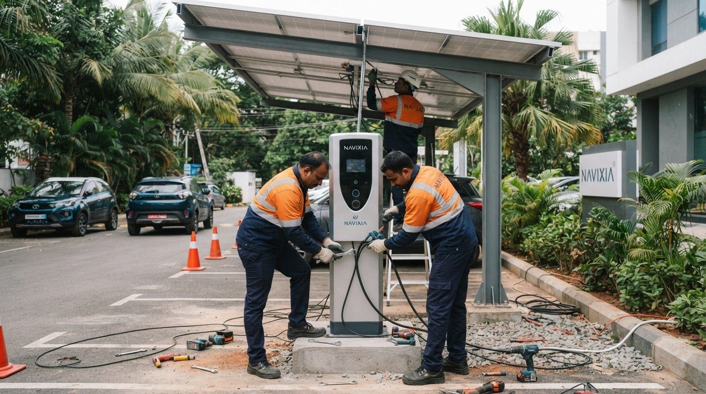 AI Design for create images of aesthetic (real) EV Charging Solutions solar installation process, the images should not be looking ai generated at all, it should look natural. Indian people should be there, uniform/safety jackets should show NAVIXIA