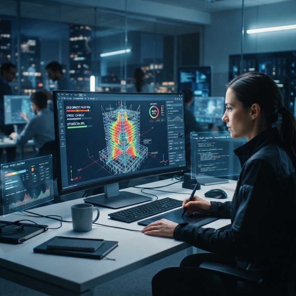 AI Design for A high-tech digital engineering workspace displaying a complex 3D wireframe model with intricate micro-shading patterns and structural load capacity heatmaps. The scene is illuminated by cool blue and soft white ambient lighting, highlighting precise architectural and mechanical data visualizations on sleek floating screens. Captured from a dynamic three-quarter perspective with a shallow depth of field, conveying an atmosphere of precision, innovation, and advanced computational design.