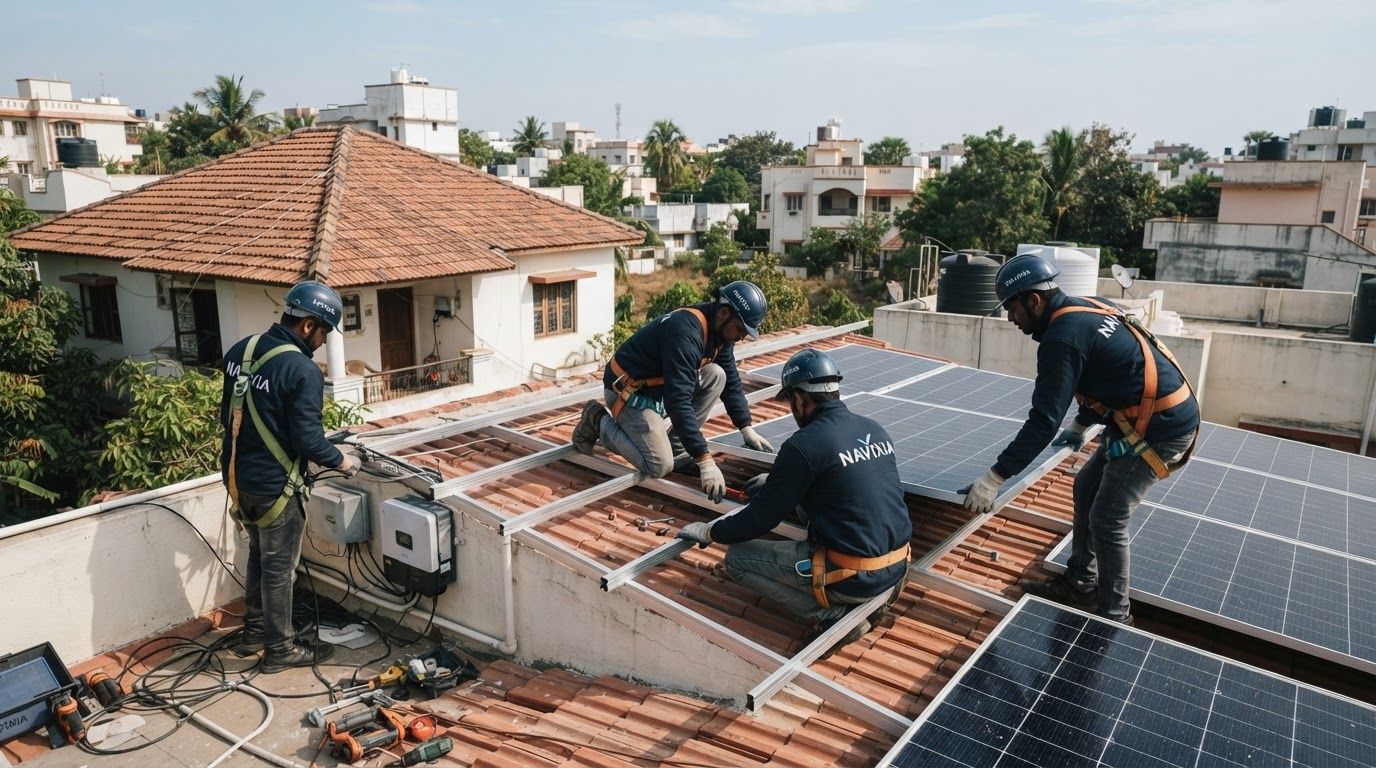 AI Design for create images of aesthetic (real) residential rooftop solar installation process, the images should not be looking ai generated at all, it should look natural. Indian people should be there, uniform/safety jackets should show NAVIXIA