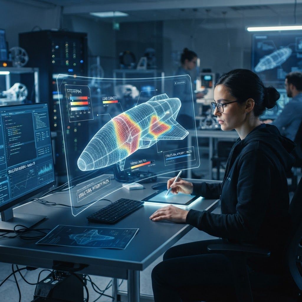 AI Design for A high-tech digital engineering workspace displaying a complex 3D wireframe model with intricate micro-shading patterns and structural load capacity heatmaps. The scene is illuminated by cool blue and soft white ambient lighting, highlighting precise architectural and mechanical data visualizations on sleek floating screens. Captured from a dynamic three-quarter perspective with a shallow depth of field, conveying an atmosphere of precision, innovation, and advanced computational design.
