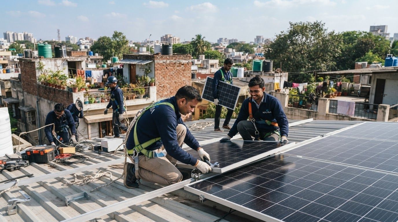 AI Design for create images of aesthetic (real) residential rooftop solar installation process, the images should not be looking ai generated at all, it should look natural. Indian people should be there, uniform/safety jackets should show NAVIXIA