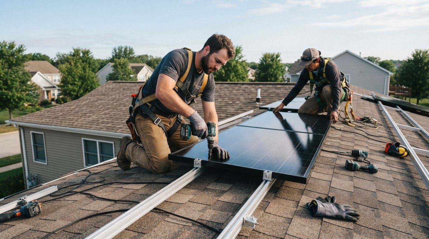 AI Design for An authentic, documentary-style photograph capturing a residential rooftop solar installation in progress. Professional technicians in safety gear are securely mounting sleek, modern photovoltaic panels onto a warm residential shingle roof under soft, natural morning sunlight. The composition features candid action shots, realistic textures on the solar glass and roof tiles, and an earthy, natural color palette that feels completely genuine and un-staged.