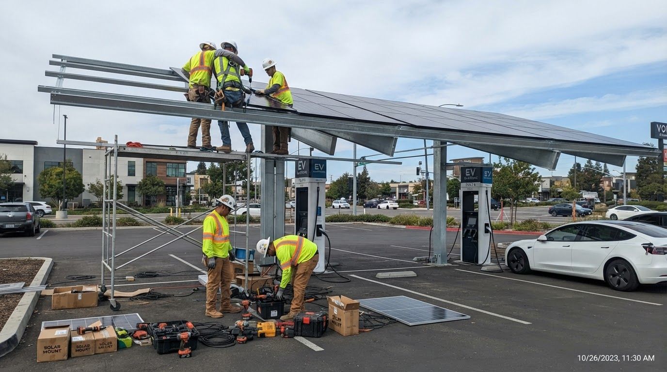 AI Design for create natural looking and real images of EV station's solar installation process. (The image should look like it is captured by mobile or camera and not an ai generated picture)