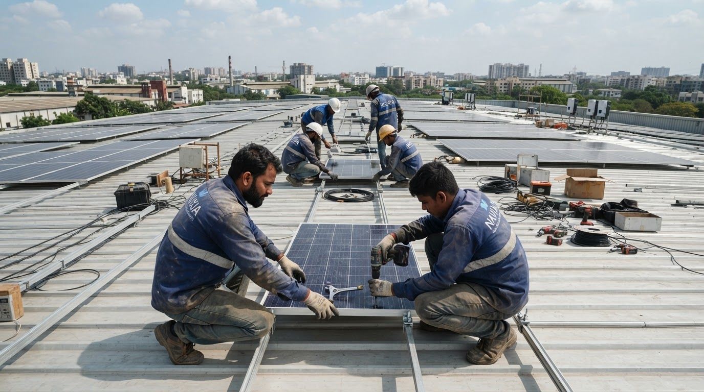 AI Design for create images of aesthetic (real) commercial rooftop solar installation process, the images should not be looking ai generated at all, it should look natural. Indian people should be there, uniform/safety jackets should show NAVIXIA