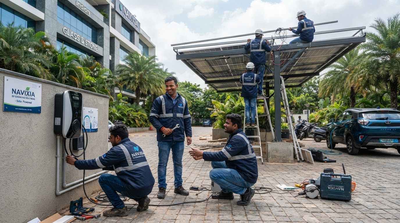 AI Design for create images of aesthetic (real) EV Charging Solutions solar installation process, the images should not be looking ai generated at all, it should look natural. Indian people should be there, uniform/safety jackets should show NAVIXIA