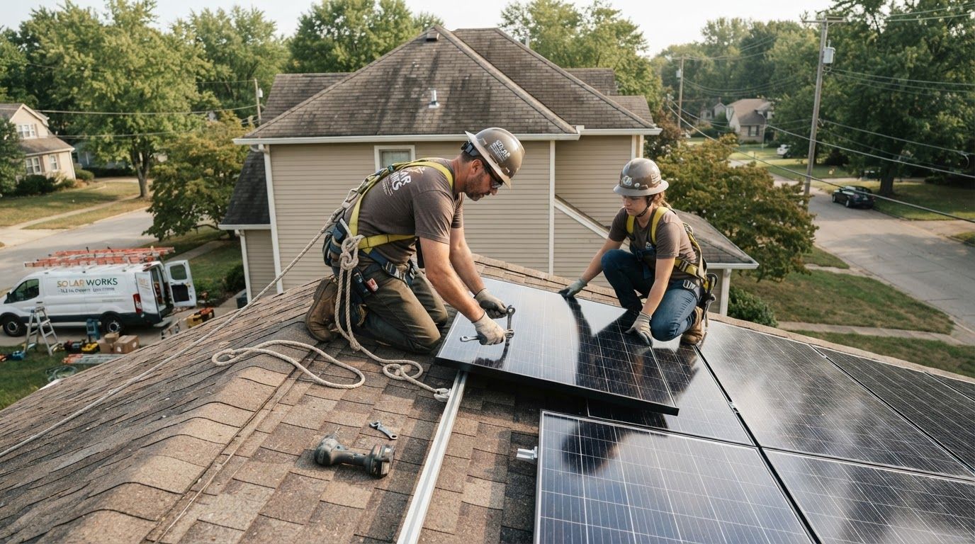 AI Design for An authentic, documentary-style photograph capturing a residential rooftop solar installation in progress. Professional technicians in safety gear are securely mounting sleek, modern photovoltaic panels onto a warm residential shingle roof under soft, natural morning sunlight. The composition features candid action shots, realistic textures on the solar glass and roof tiles, and an earthy, natural color palette that feels completely genuine and un-staged.