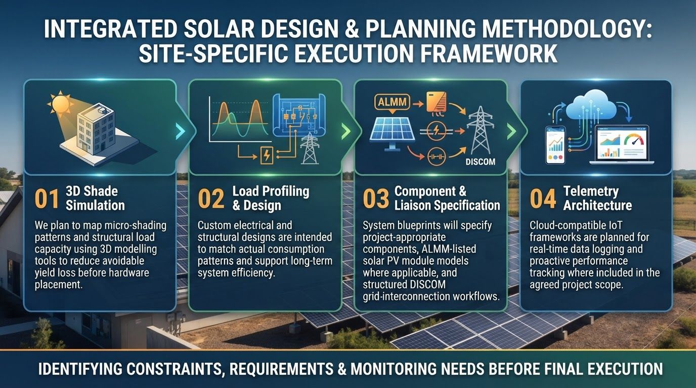 AI Design for Four design layers planned around the actual site.
A structured methodology intended to identify generation constraints, electrical requirements and monitoring needs before final project execution.
01
3D Shade Simulation
We plan to map micro-shading patterns and structural load capacity using 3D modelling tools to reduce avoidable yield loss before hardware placement.
02
Load Profiling & Design
Custom electrical and structural designs are intended to match actual consumption patterns and support long-term system efficiency.
03
Component & Liaison Specification
System blueprints will specify project-appropriate components, ALMM-listed solar PV module models where applicable, and structured DISCOM grid-interconnection workflows.
04
Telemetry Architecture
Cloud-compatible IoT frameworks are planned for real-time data logging and proactive performance tracking where included in the agreed project scope.