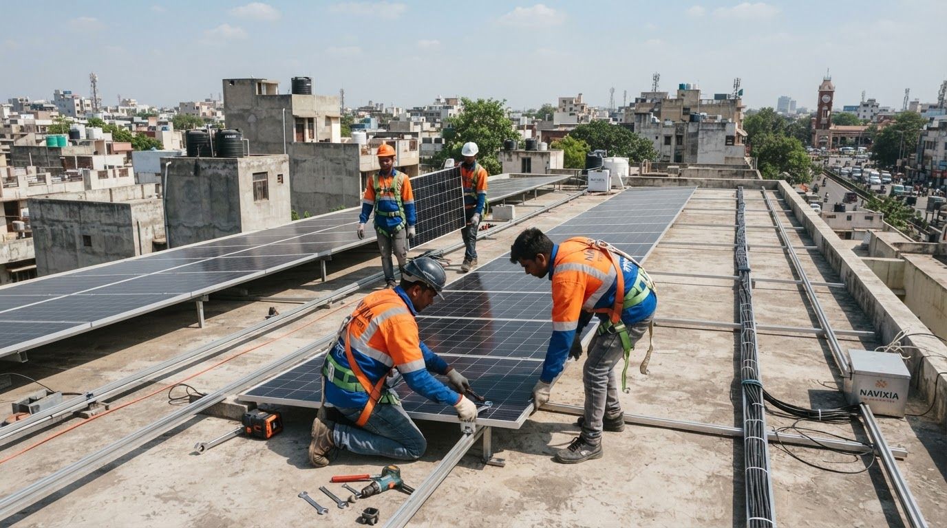 AI Design for create images of aesthetic (real) commercial rooftop solar installation process, the images should not be looking ai generated at all, it should look natural. Indian people should be there, uniform/safety jackets should show NAVIXIA